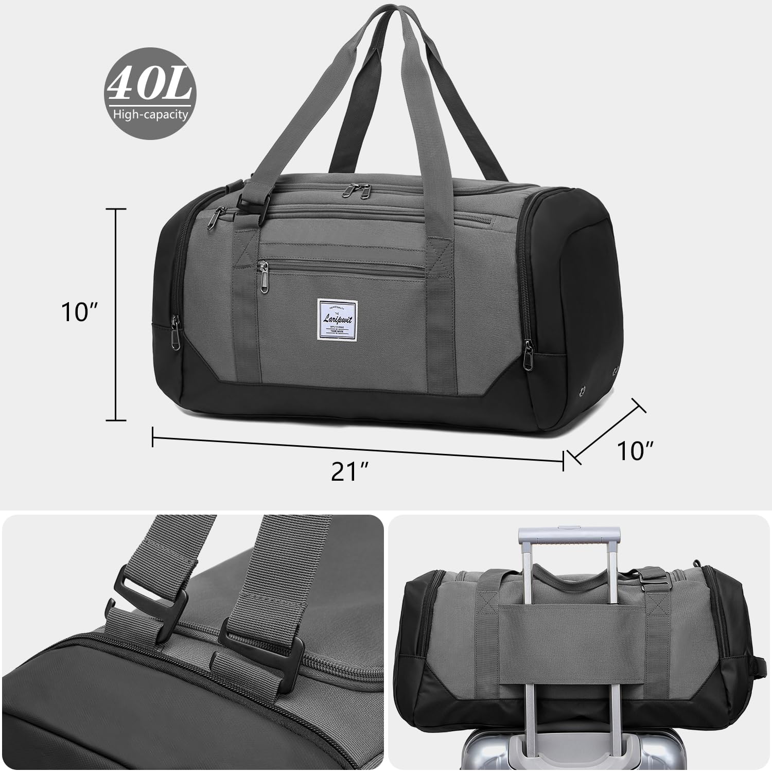 Laripwit Sports Gym Bag for Men 40L Travel Duffle Bag with Shoe Compartment & Wet Pocket - Image 4