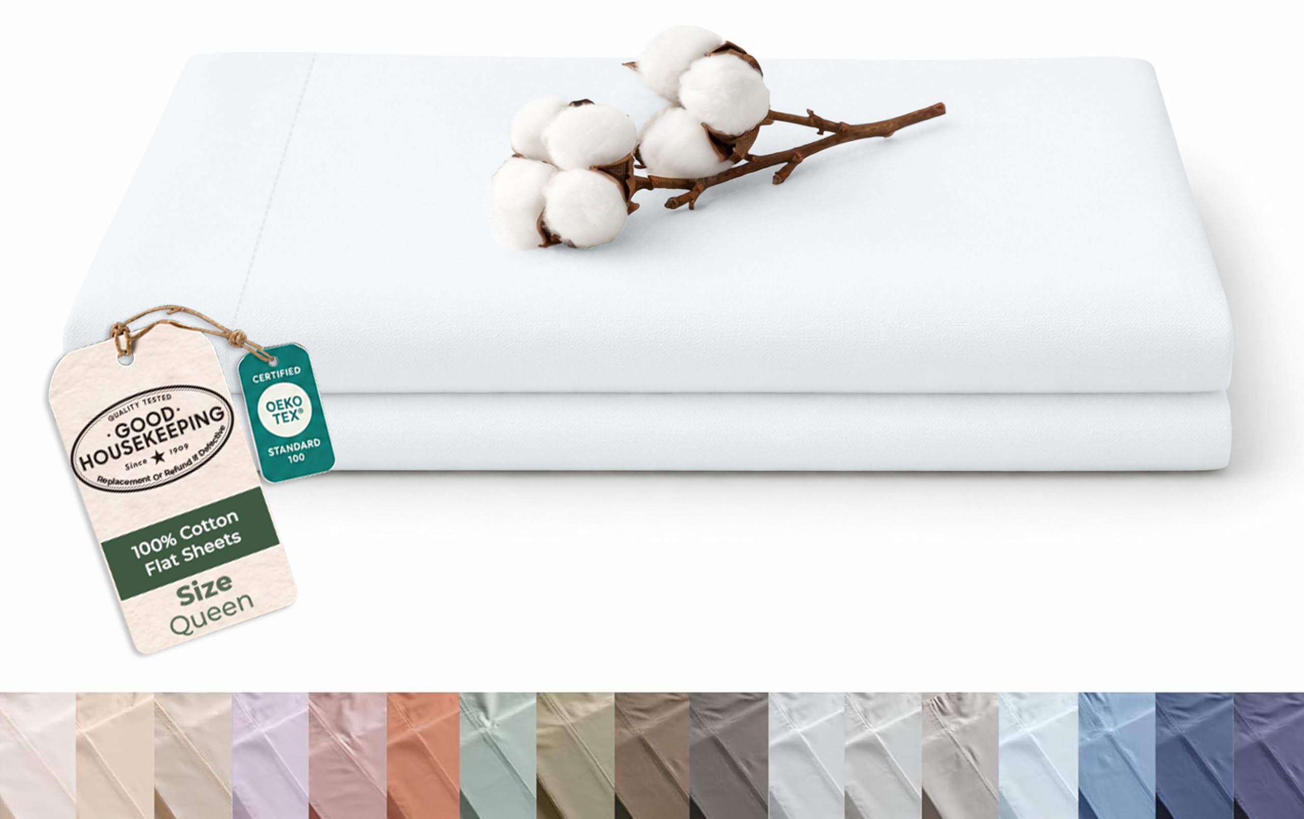 Royale Linens 100% Organic Cotton Queen Size Flat Sheet Only - Percale Top Sheets - Queen Flat Sheet Sold Separately - Lightweight &amp; Super Soft 100% Cotton White Bed Sheets Only (90" x 102", White)