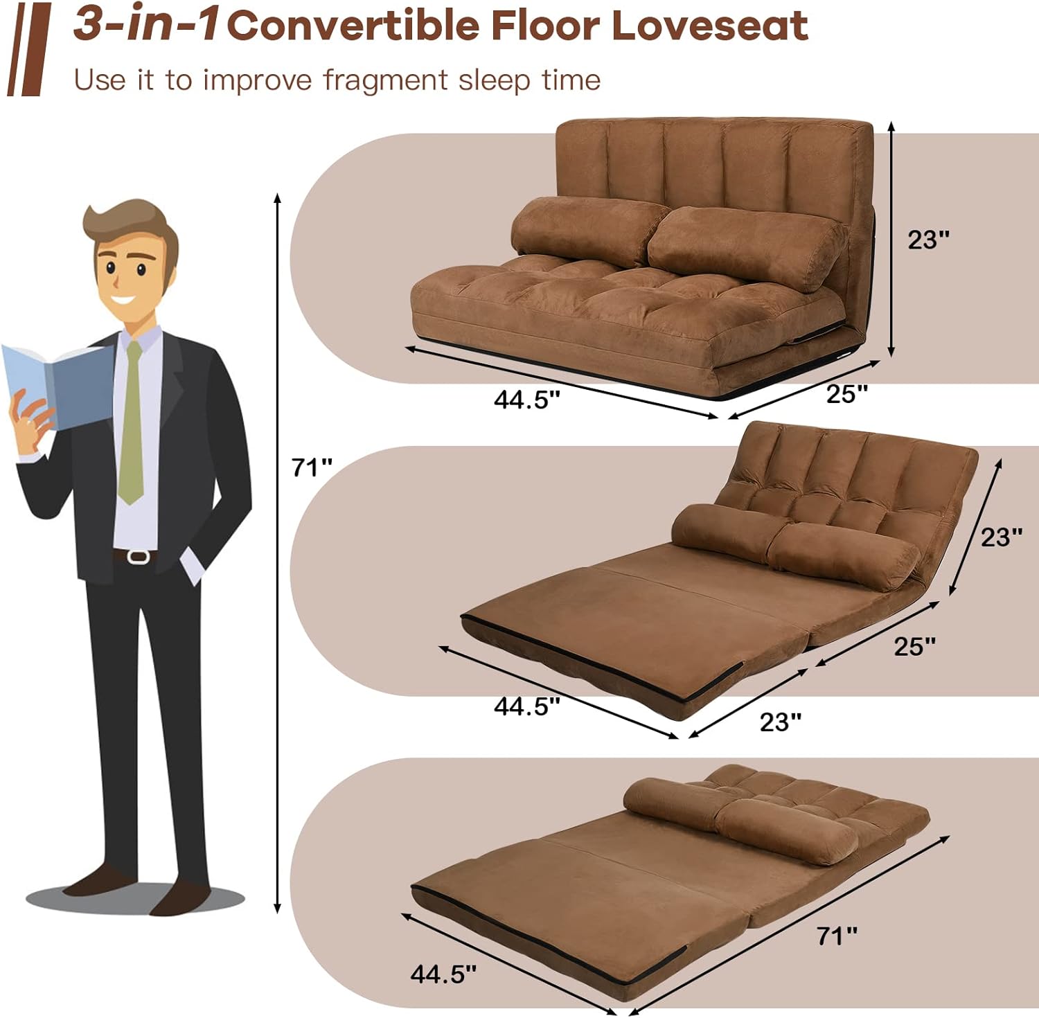 Moccha Folding Floor Sofa Bed, 6-Position Adjustable Lazy Sofa with 2 Pillows, Suede Cloth Cover, Convertible Gaming Sofa Recliner, Modern Chaise Lounge Floor Couch for Living Room, Bedroom, Brown