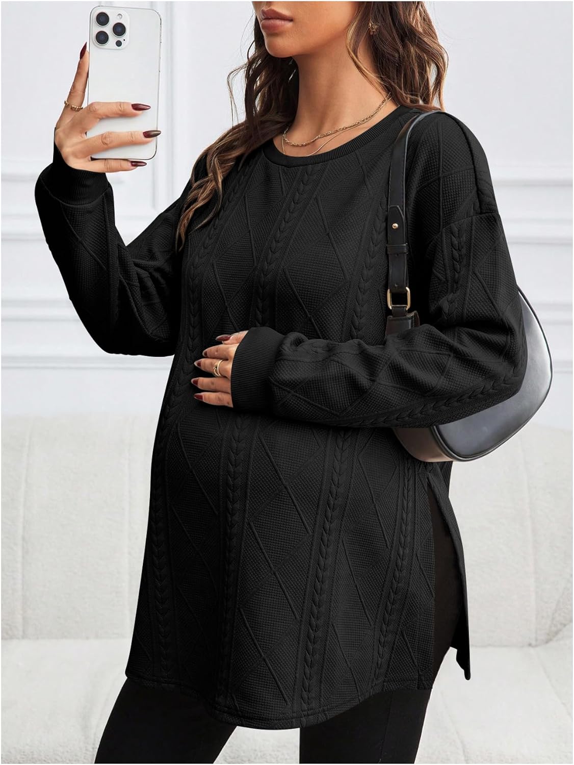 MakeMeChic Women's Maternity Sweatshirt Round Neck Long Sleeve Split Pregnancy Shirt Fall Maternity Clothes Tops