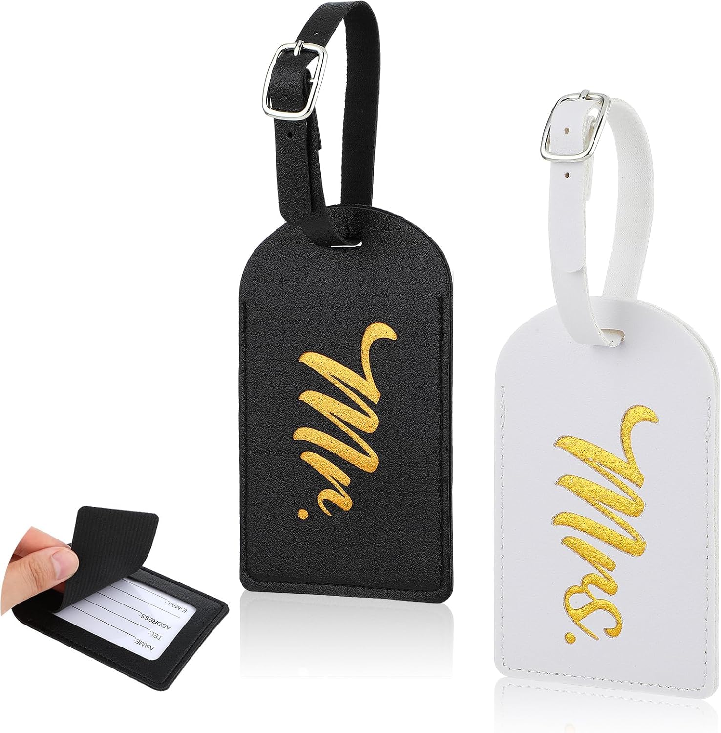 NimbusNoteNimbusNote 2 Pcs Mr and Mrs Luggage Tags, PU Leather Travel ID Tags for Suitcase, Honeymoon Bridal Shower Gifts for Married Couples, Privacy Cover with Metal Buckle Strap (Black & White)