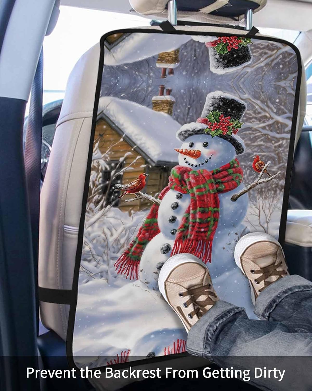 T&H XHome Car Seat Protector, 2 Pack Kick Mats Back Seat Protector Christmas Wooden House and Snowman with Red Scarf Waterproof Backseat Cover for Kids Universal Fit Automotive Interior Protectors