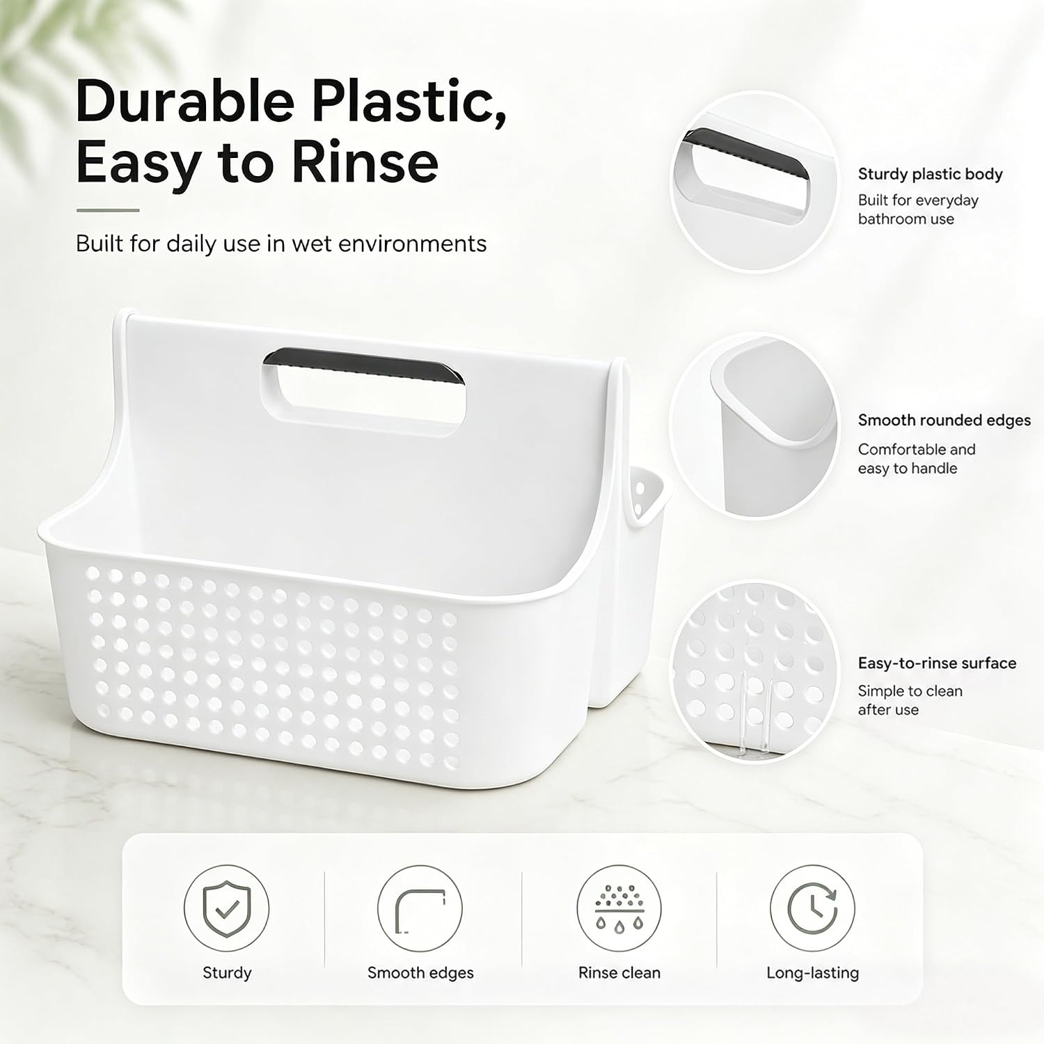 Haundry Portable Shower Caddy Basket, 2 Compartments Plastic Cleaning Caddy Organizer, Large Storage Tote with Handle for Bathroom, College, Dorm Room Essentials, White