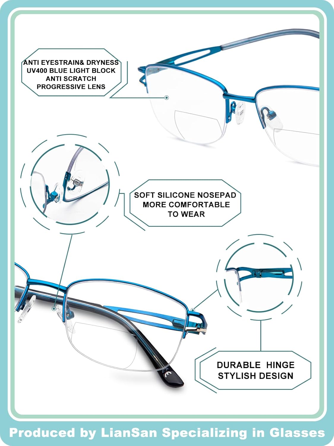 LianSan Metal Bifocal Reading Glasses for Women,Stylish Half Rim Zero Top Blue Light Blocking Computer Reader - Image 6