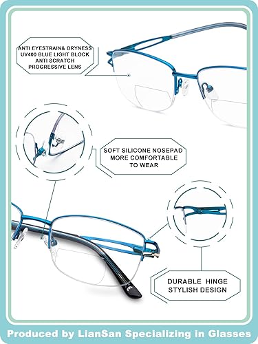Miniatura 6 de LianSan Anteojos de lectura bifocales de metal para mujer, elegante medio borde cero parte superior, bloqueo de luz azul, lector de computadora