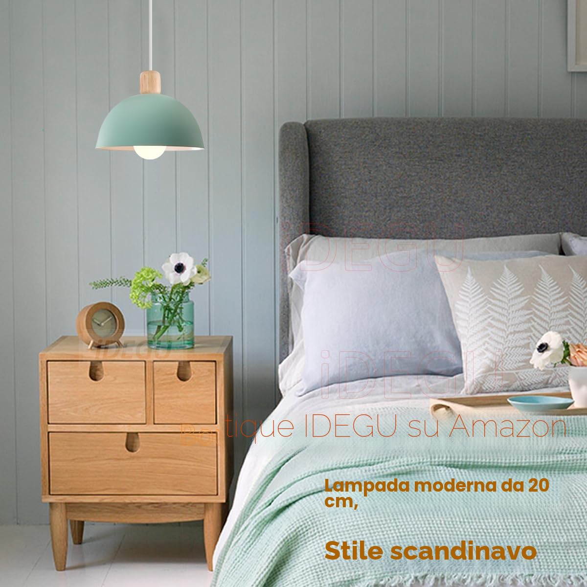 iDEGU Lampada a Sospensione Retrò 20CM LED Lampada a Soffitto in Legna Metallo Moderna Lampadario Stile Scandinavo a Semicerchio Plafoniera per Soggiorno Sala da Pranzo Camera da Letto (Verde)