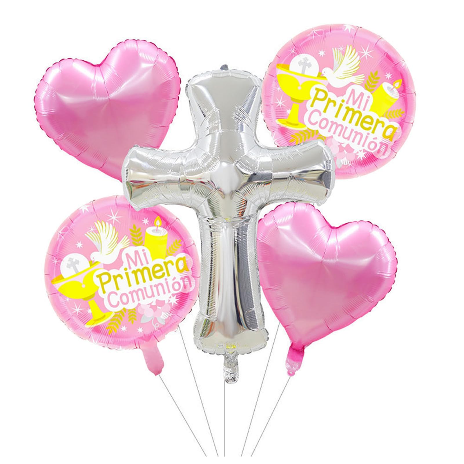 First Holy Communion Decorations - 5 Pack Foil Balloons Set with Silver Cross Design for Religious Party Supplies, Mi Primera Comunión Theme