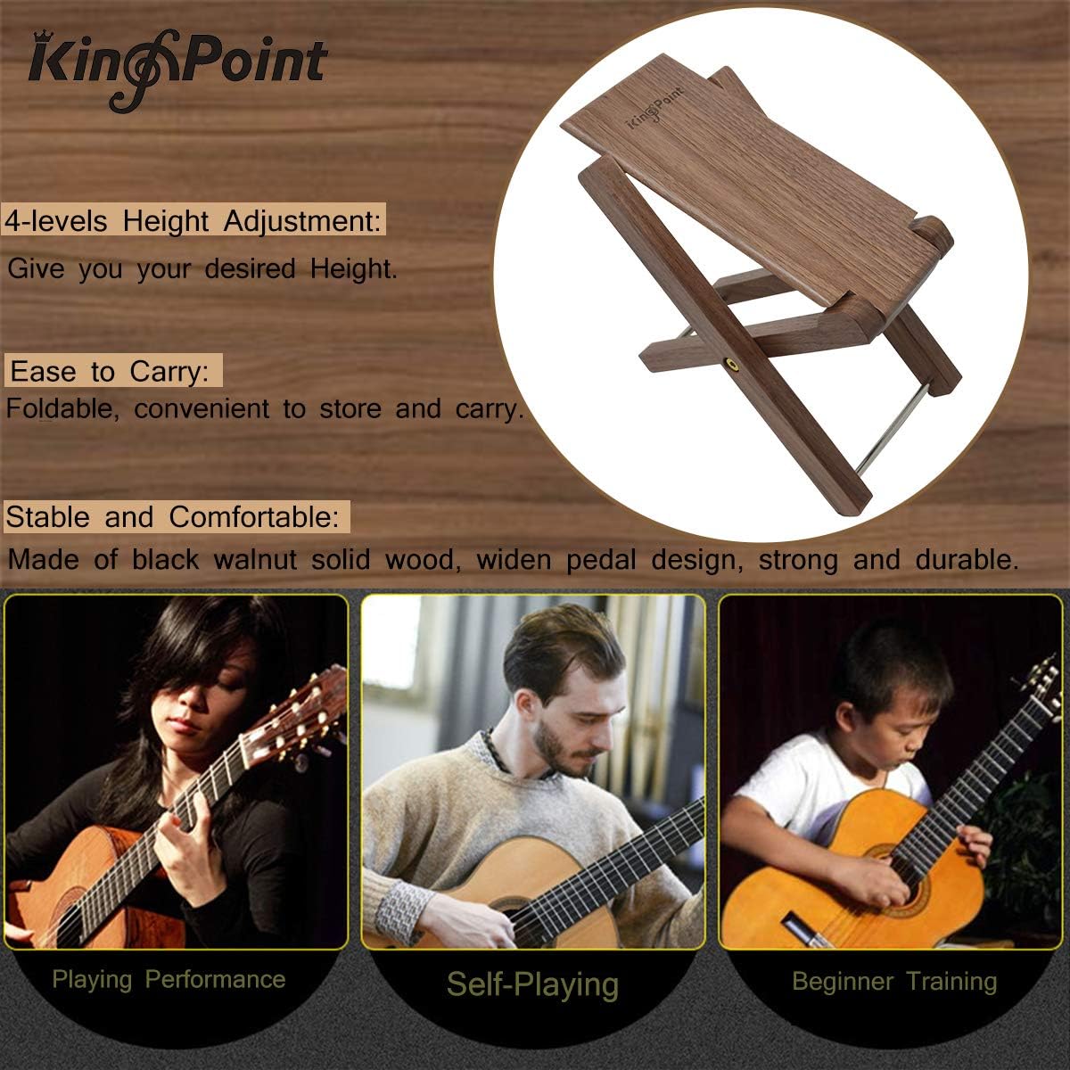 KingPoint Solid Wood Guitar Footstool 4 Adjusatble Height Levels Black Walnut Wood Guitar Footres Foldable (Black Walnut Footstool)