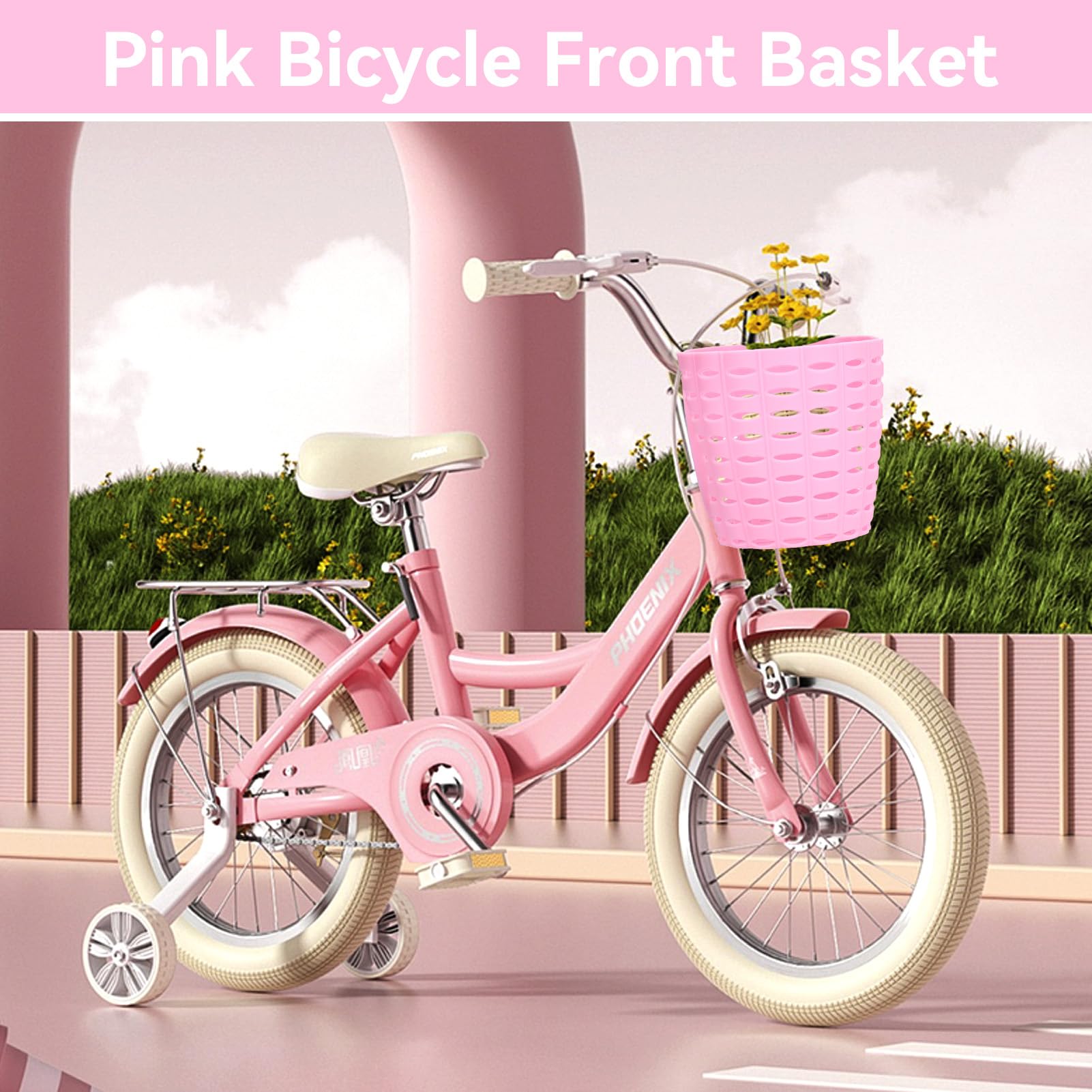 Cestino per bici per bambini, cestino per manubrio per bicicletta Simpatico cestino per manubrio anteriore per bicicletta con cinghie regolabili per ragazzi, ragazze, bambini piccoli(Rosa)