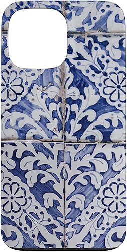 iPhone 13 Pro Max Portugués Patrón Azulejo Azulejo Azul y Blanco Funda Floral