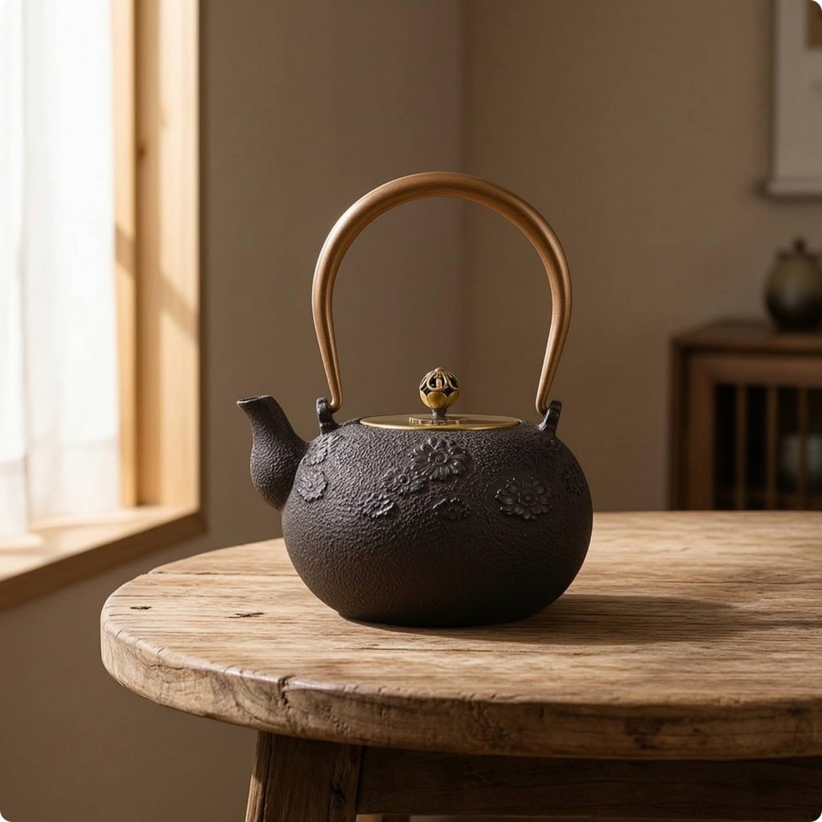 Tetera de Hierro Fundido Tetera Hervidor Jarra Caldera con Colador Interno y Acabado en Relieve Rústico Mango Arqueado y Control de Vertido Adecuada, Black, Chunsemanyuan