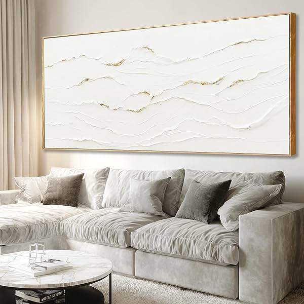 Arte de pared texturizado con marco blanco y dorado, extra grande para sala de estar, 32x70 pulgadas