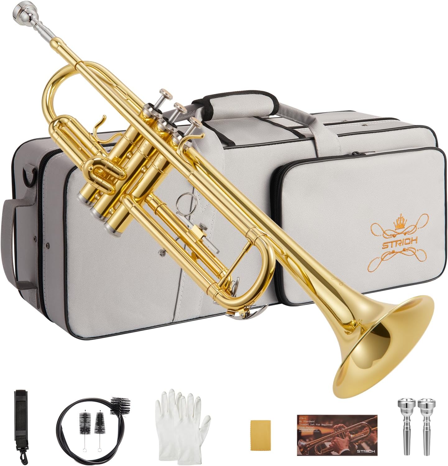 STRICH Bb Standard Trumpet Set for Beginners, Brass Student Trumpet Instrument with Hard Case, Cleaning Kit, 7C & 3C Mouthpieces, Gloves - STR-1G, Gold