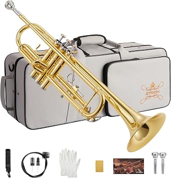 STRICH Bb Standard Trumpet Set for Beginners, Brass Student Trumpet Instrument with Hard Case, Cleaning Kit, 7C & 3C Mouthpieces, Gloves - STR-1G, Gold