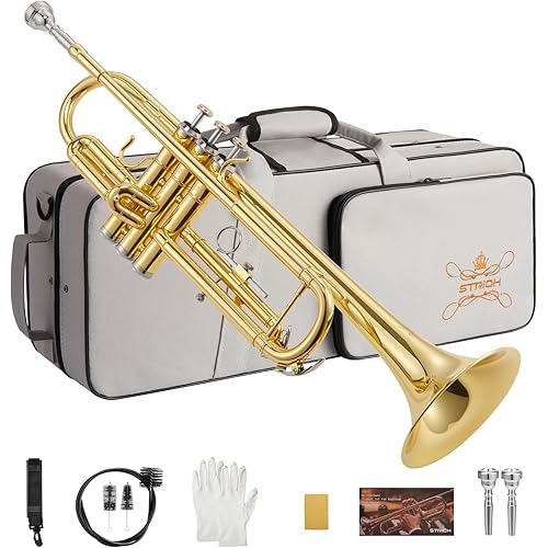 STRICH Bb Standard Trumpet Set for Beginners, Brass Student Trumpet Instrument with Hard Case, Cleaning Kit, 7C & 3C Mouthpieces, Gloves - STR-1G, Gold