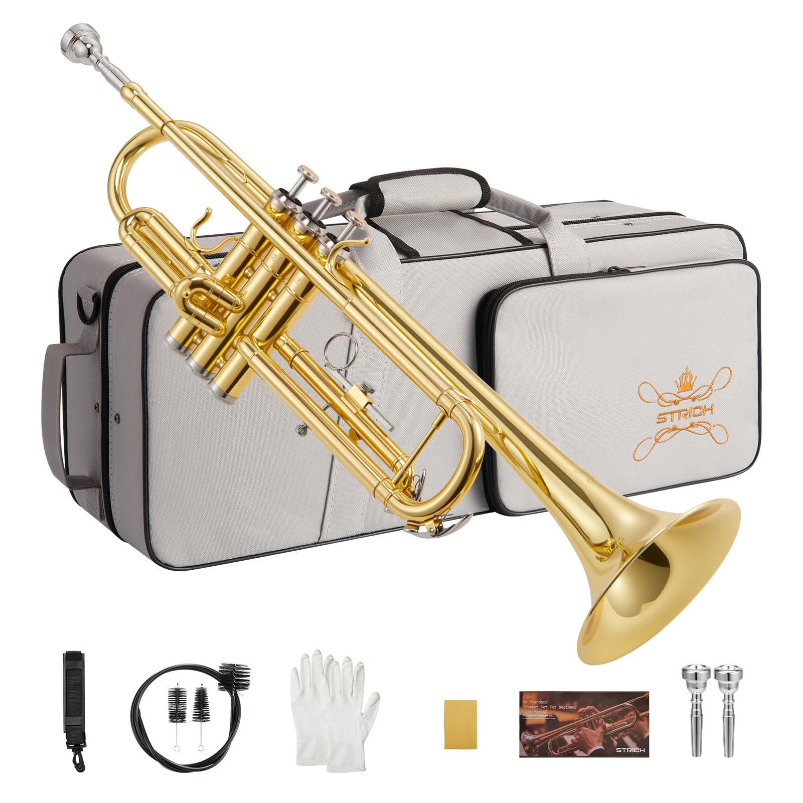 STRICH Bb Standard-Trompeten-Set für Anfänger, Blechblasinstrument für Schüler mit Hartschalenkoffer, Reinigungsset, Mundstücken 7C und 3C, Handschuhen – STR-1G, Gold