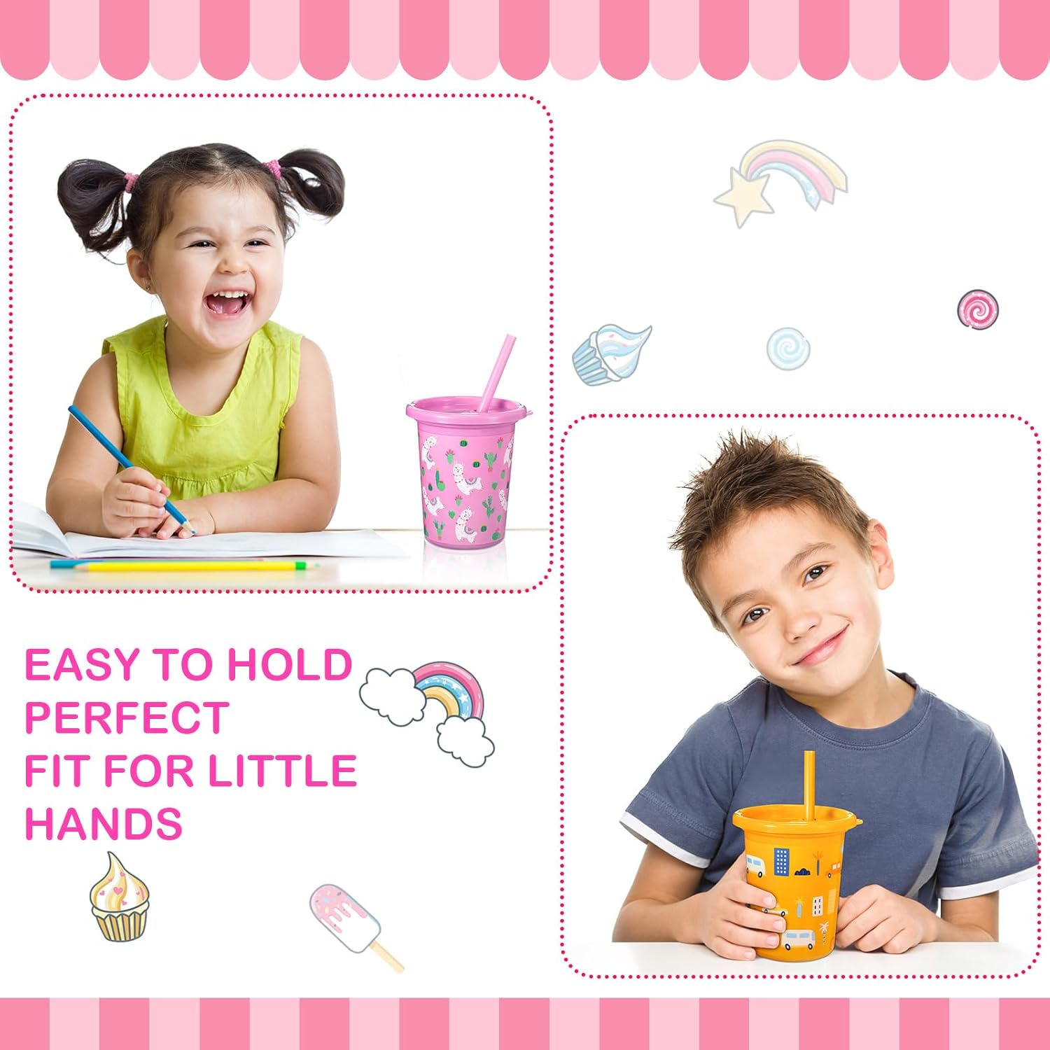 Nuanchu 16 Pcs Plastic Kids Cups with Lids and Straws 10 oz Kids Cups with Straws and Lids for Christmas Gifts Girls Boys Party Smoothie, Reusable Cute Cups - Image 6