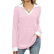 BAISHENGGT Womens Contrast Collared Shirts Casual Long Sleeve Ribbed Fall Tops Lightweight Tunic Sweaters