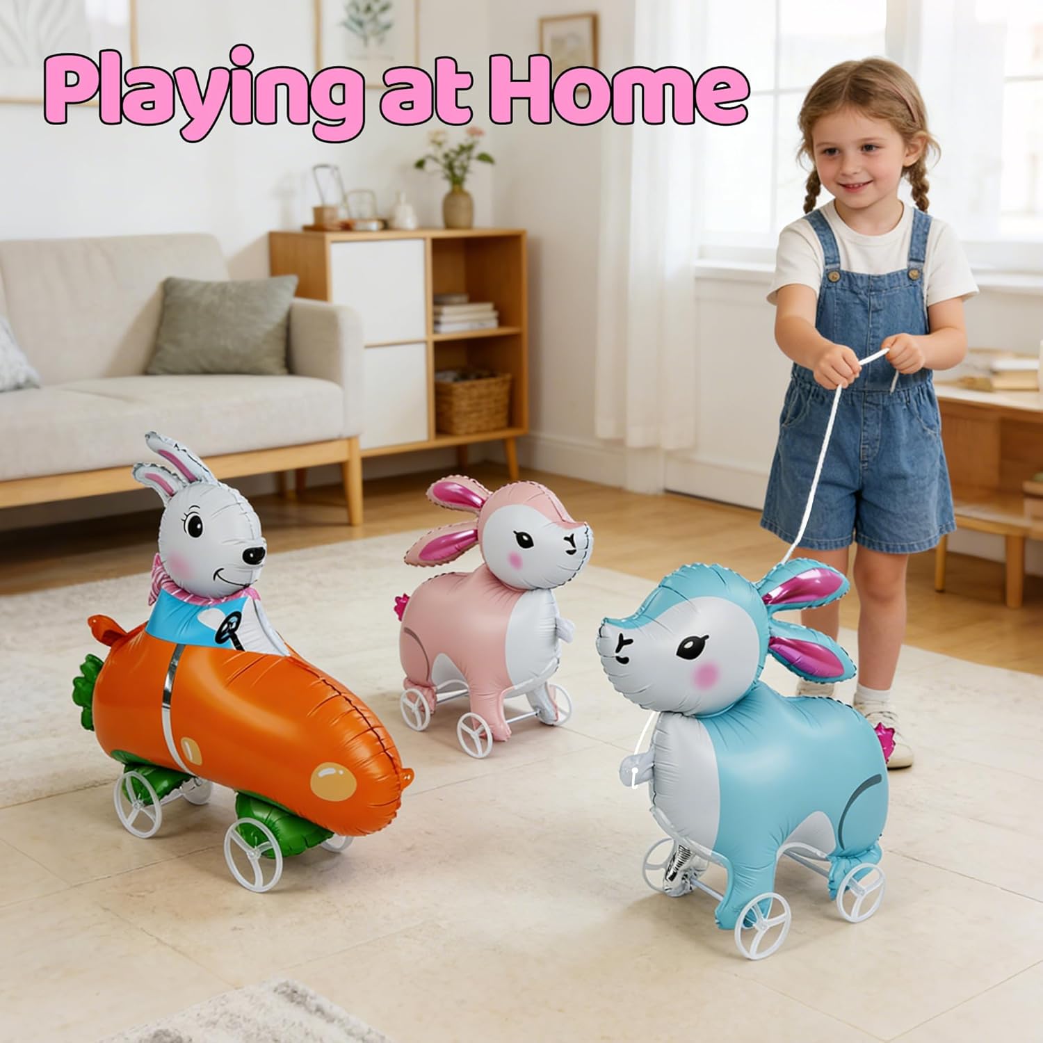 3Pcs Easter Walking Bunny Balloons With Wheels for Kids, Pull Along Walking Bunny Foil Balloons for Easter Birthday Party Favors, Self-Standing Walking Balloon Animals Decorations Gift Supplies