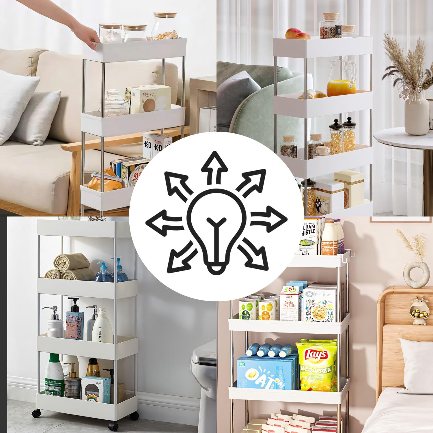 Retoo Carrello da cucina a 4 ripiani, carrello da cucina su rotelle, scaffale per nicchia, mensola da bagno, mensola per cucina, bagno, camera da letto, ufficio, cameretta dei bambini, 65 x 11,5 x