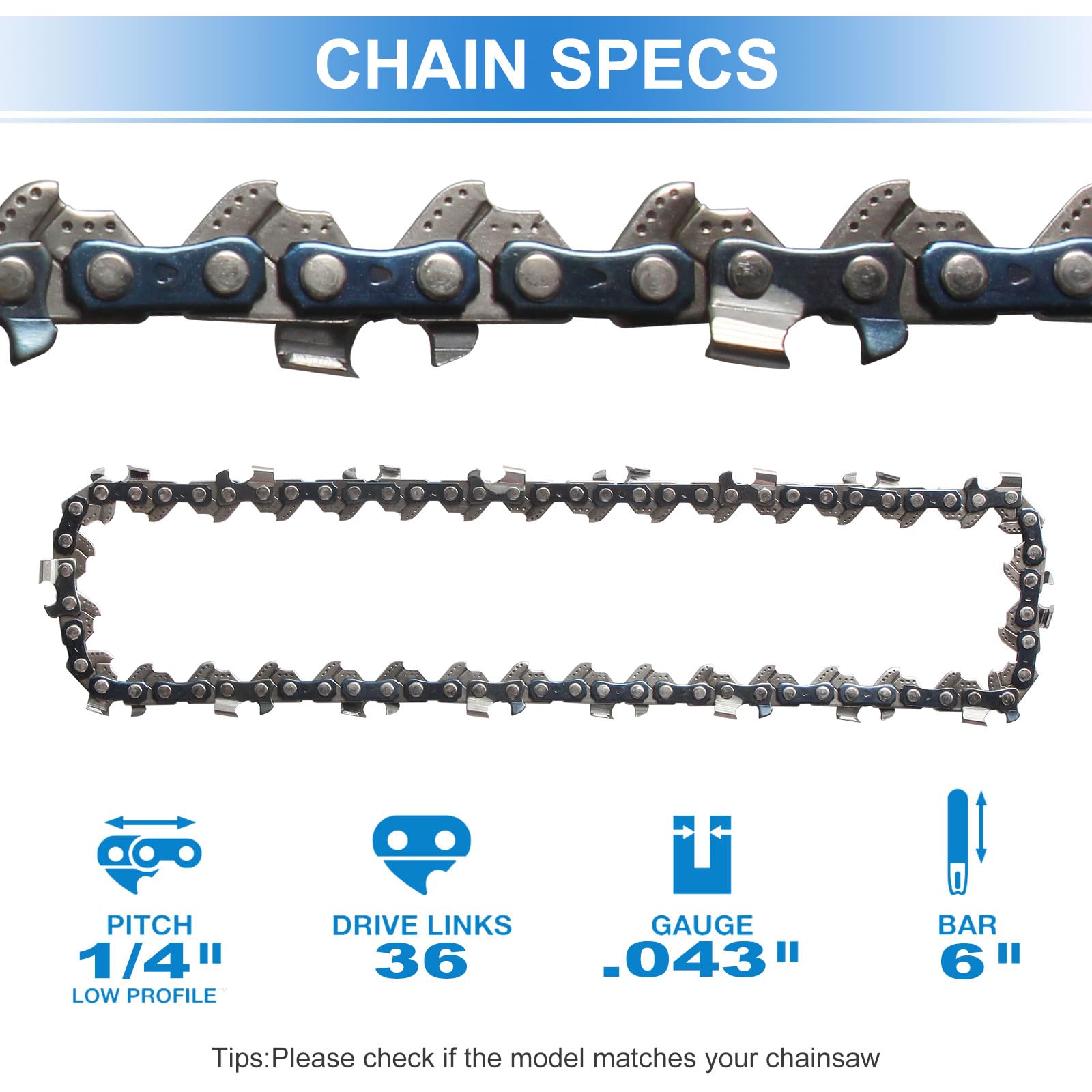 Mini cadena de motosierra de repuesto de 6 pulgadas 1/4 pulgadas LP, calibre 43 pulgadas, paso 36 eslabones de transmisión para Seesii y todas las marcas de mini motosierra para corte de ramas