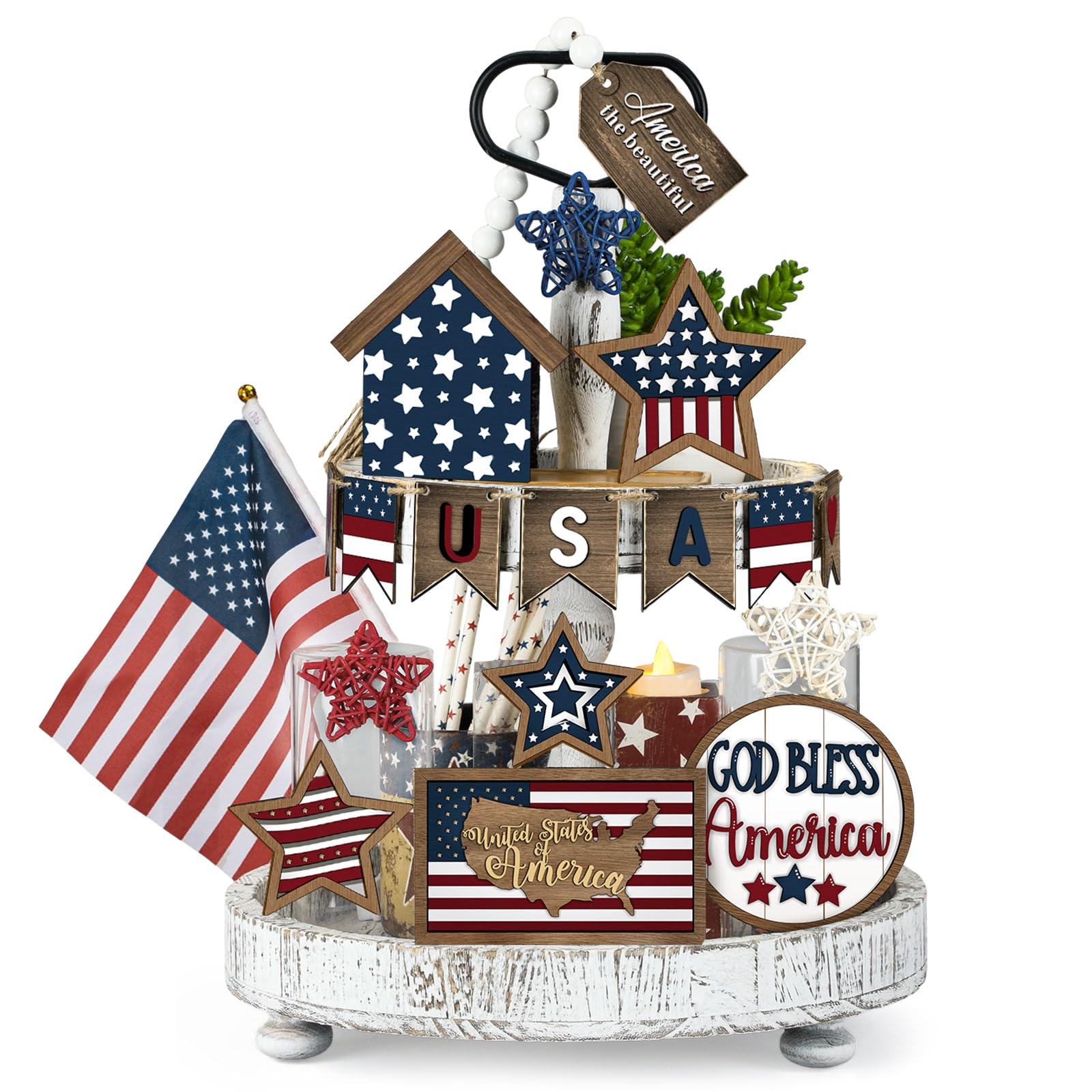 FoldTier 18 Pcs 4th of July Tiered Tray Decor Set Rustic Patriotic Independence Day Decoration Glow Vintage Farmhouse 4th of July Tiered Tray Sign
