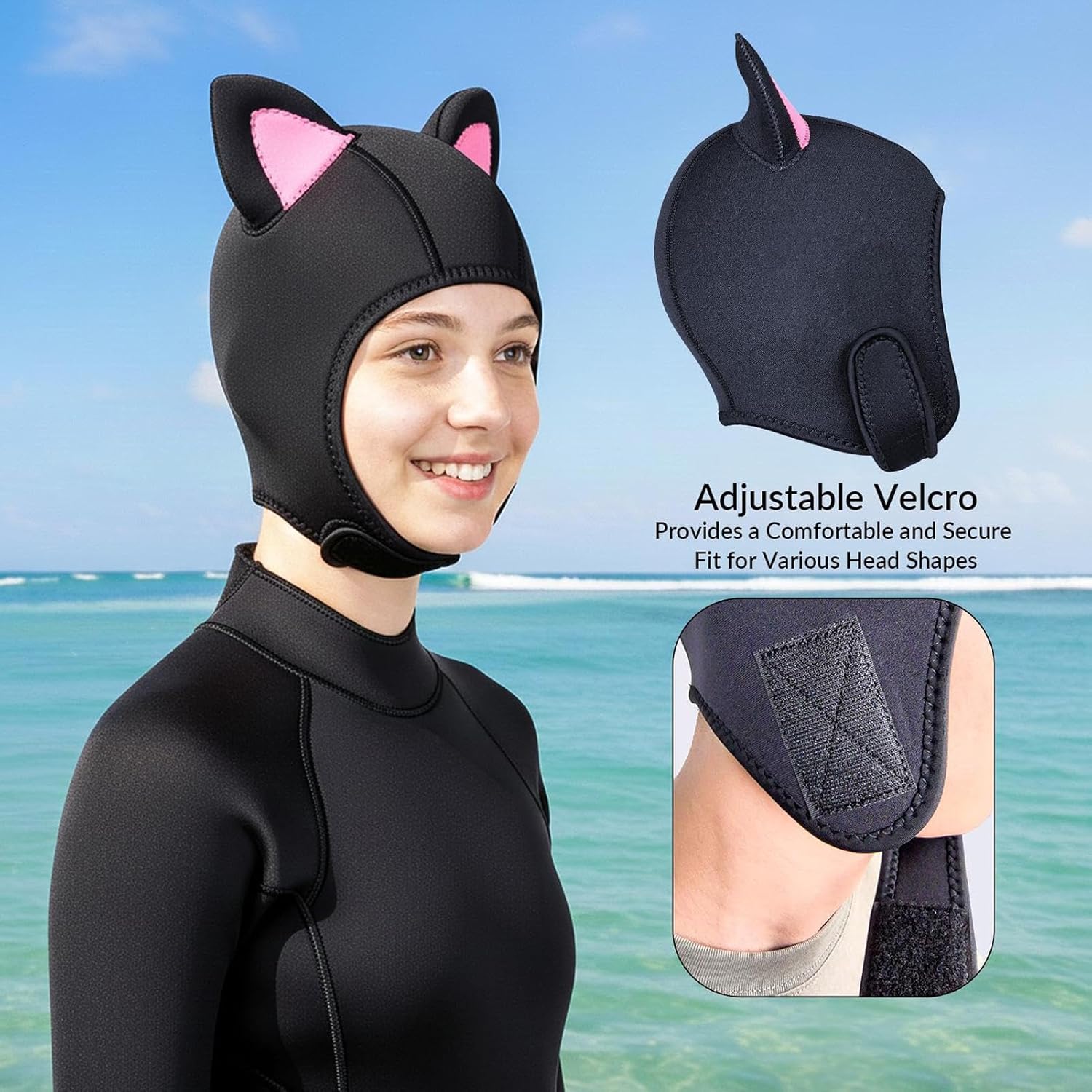 Genérico Neoprene Hood, Thermal Head Cover, Hat with Funny Cat Ears – for Swimming, Snorkelling, Water Sports, Sailing and Kayaking
