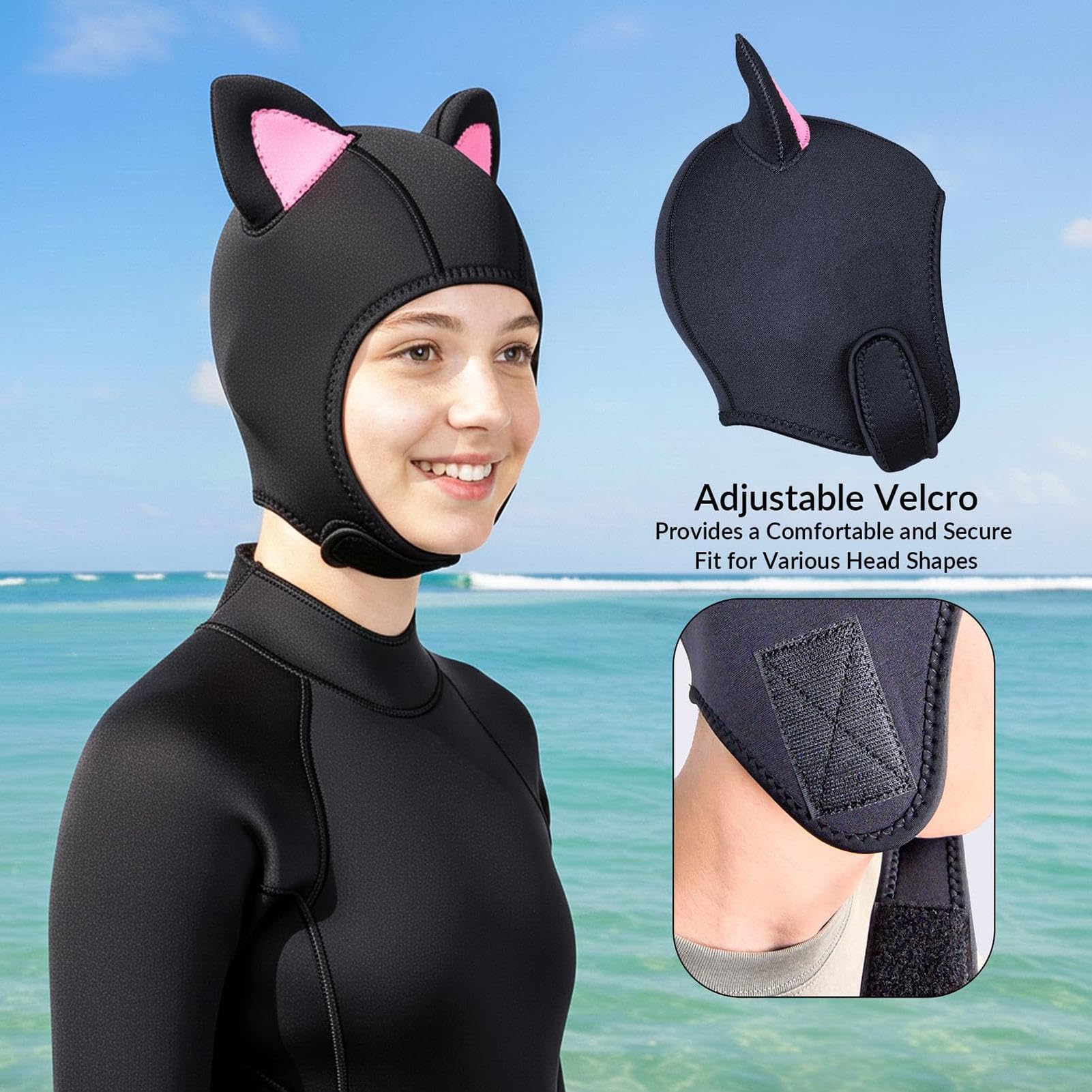 Generico Cappuccio in Neoprene Copricapo Termico per Nuoto | con Orecchie da Gatto in Neoprene per Snorkeling, Surf, Vela, Kayak, Sport Acquatici, Donne