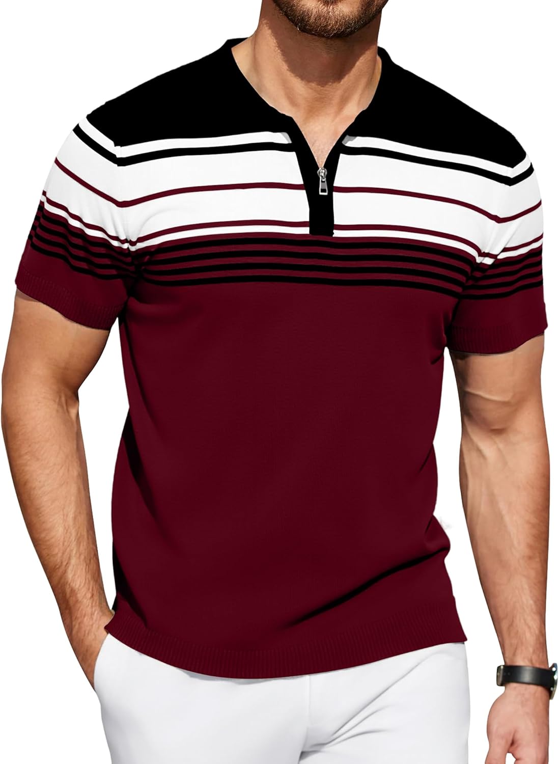 KUYIGO Men's Knit Polo Shirts Short Sleeve Striped Golf Polo Shirts Lightweight Casual Collared T Shirt