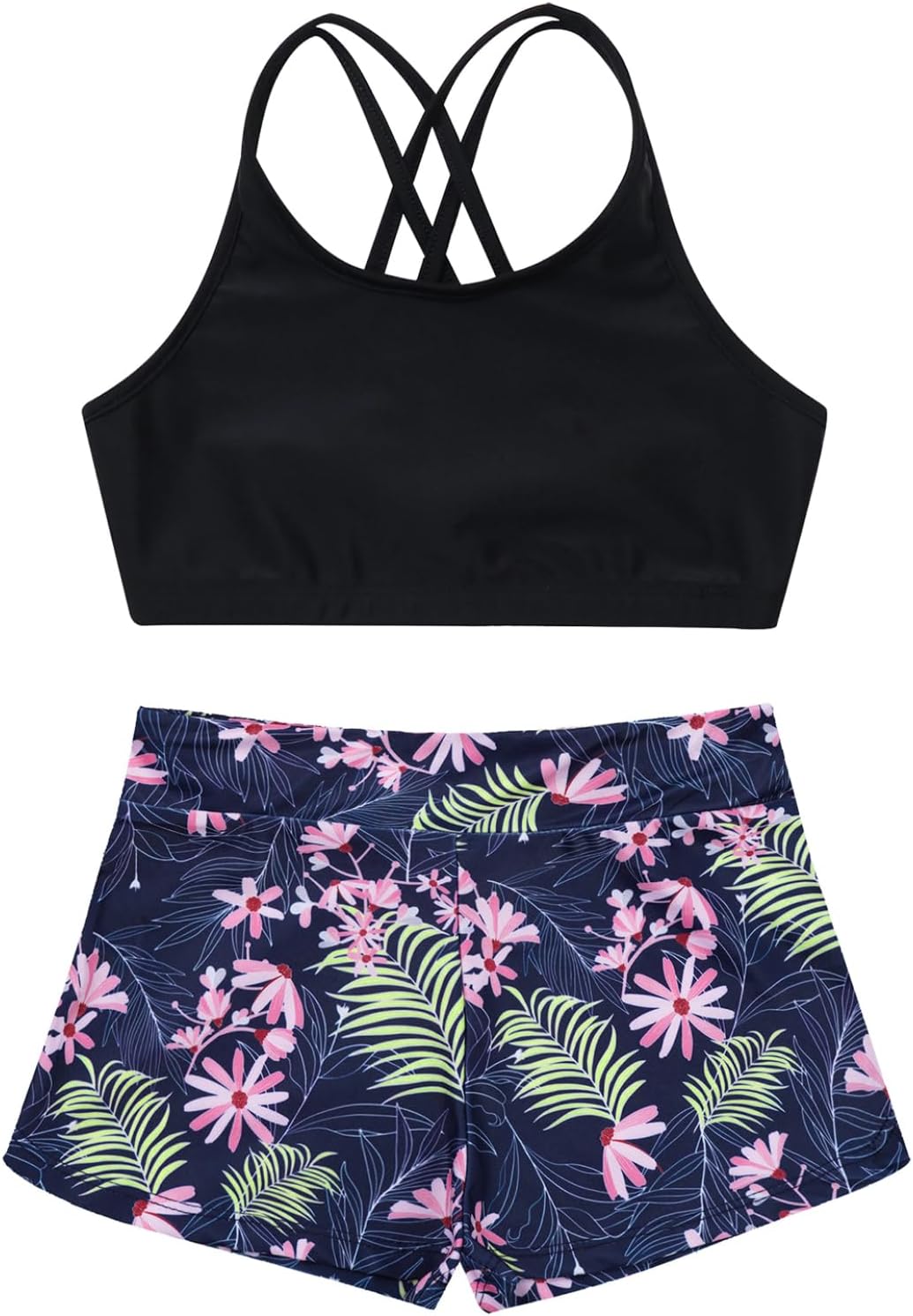 Kids Sport Dance Two Piece Swimsuits Floral Print Criss Cross Back Tops Boyshort Bottom Tankini Set Swimwear