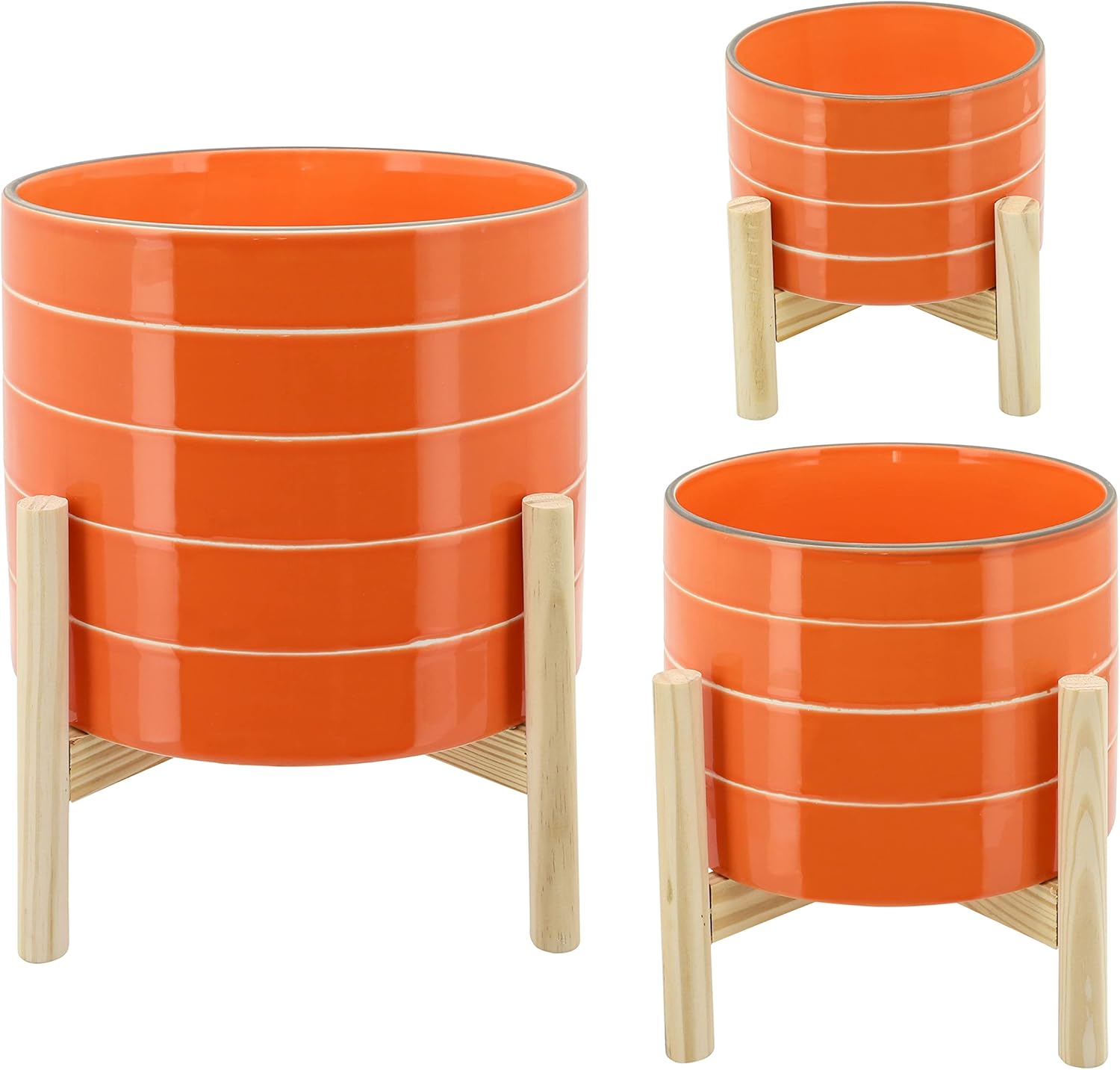 Striped Ceramic Planters with Wooden Stand as Home Decor - Flower Pots for Entryway, Patio, Tabletop, and Garden - Large Colorful Decorative Pots for Indoor and Outdoor Plants - 14", Orange & Tan