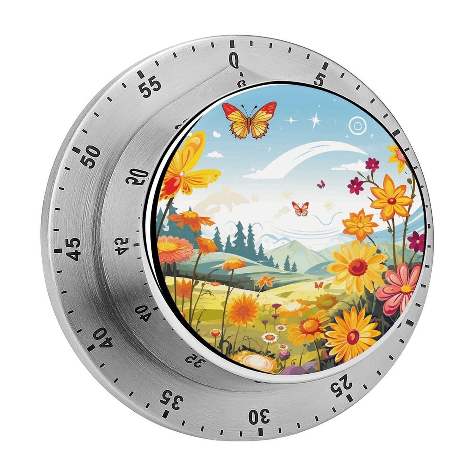 Sun Butterflies Dragonfly Flowers Nursery Visual Timer Chef Cooking Timer Clock with Loud Alarm Mechanical Desk Timers Countdown Reminder Magnetic Exquisite Stainless Steel Body Timers