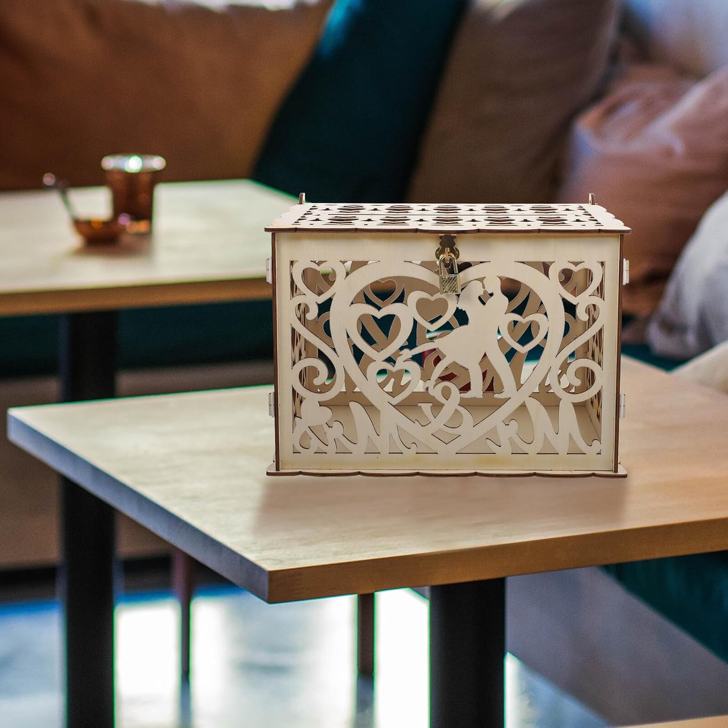 Wedding Card Box with Hollow Heart Design Rustic Wooden Envelope Box for Wedding Reception and Party Decor