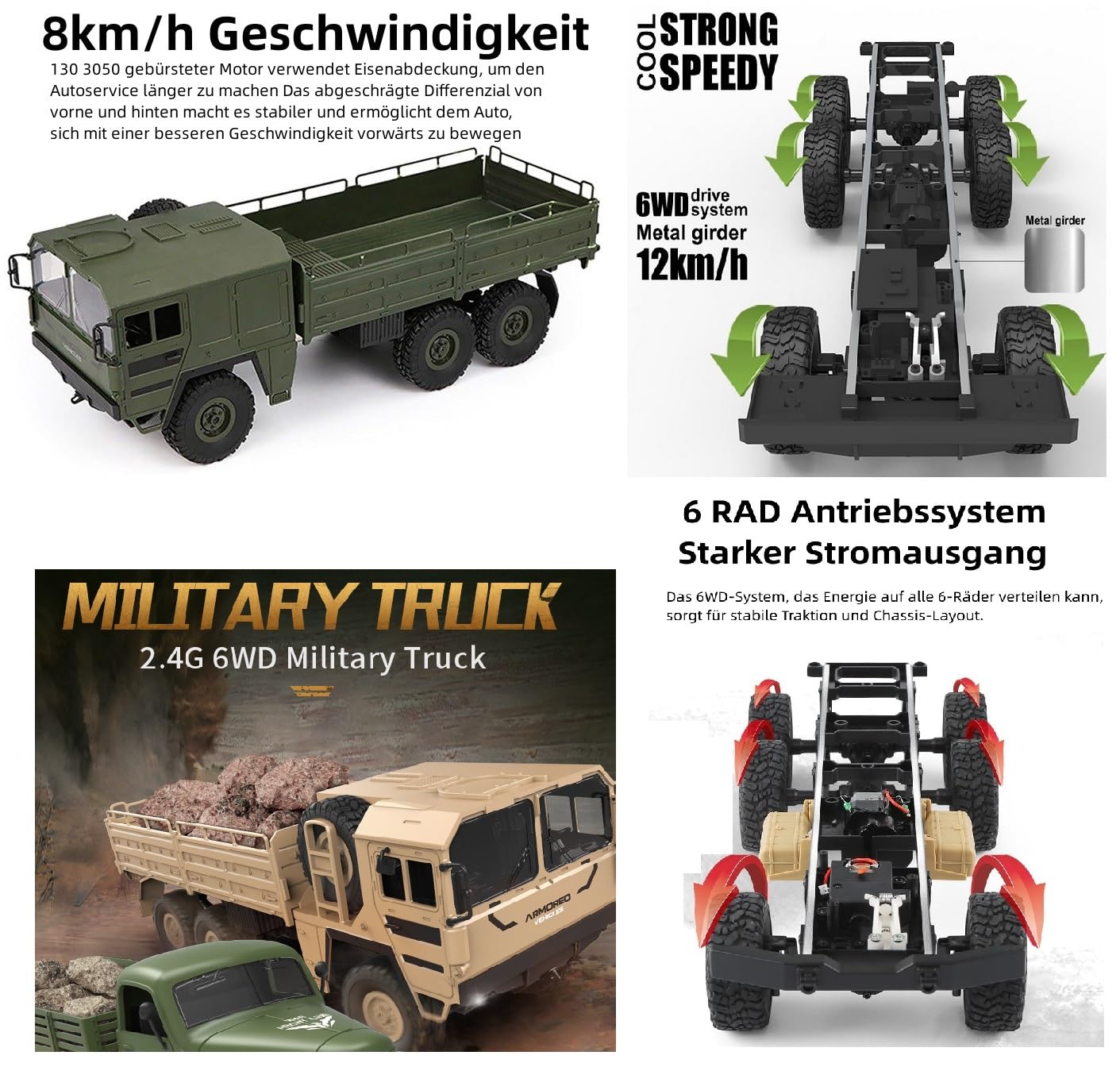 RTR RC LKW Militär Army Truck Komplett Off Road Lastwagen 1:16 Q64 6WD 2,4G Fernbedienung Modell Simulation Transporter Grün Geschenke für Jungen und Männer