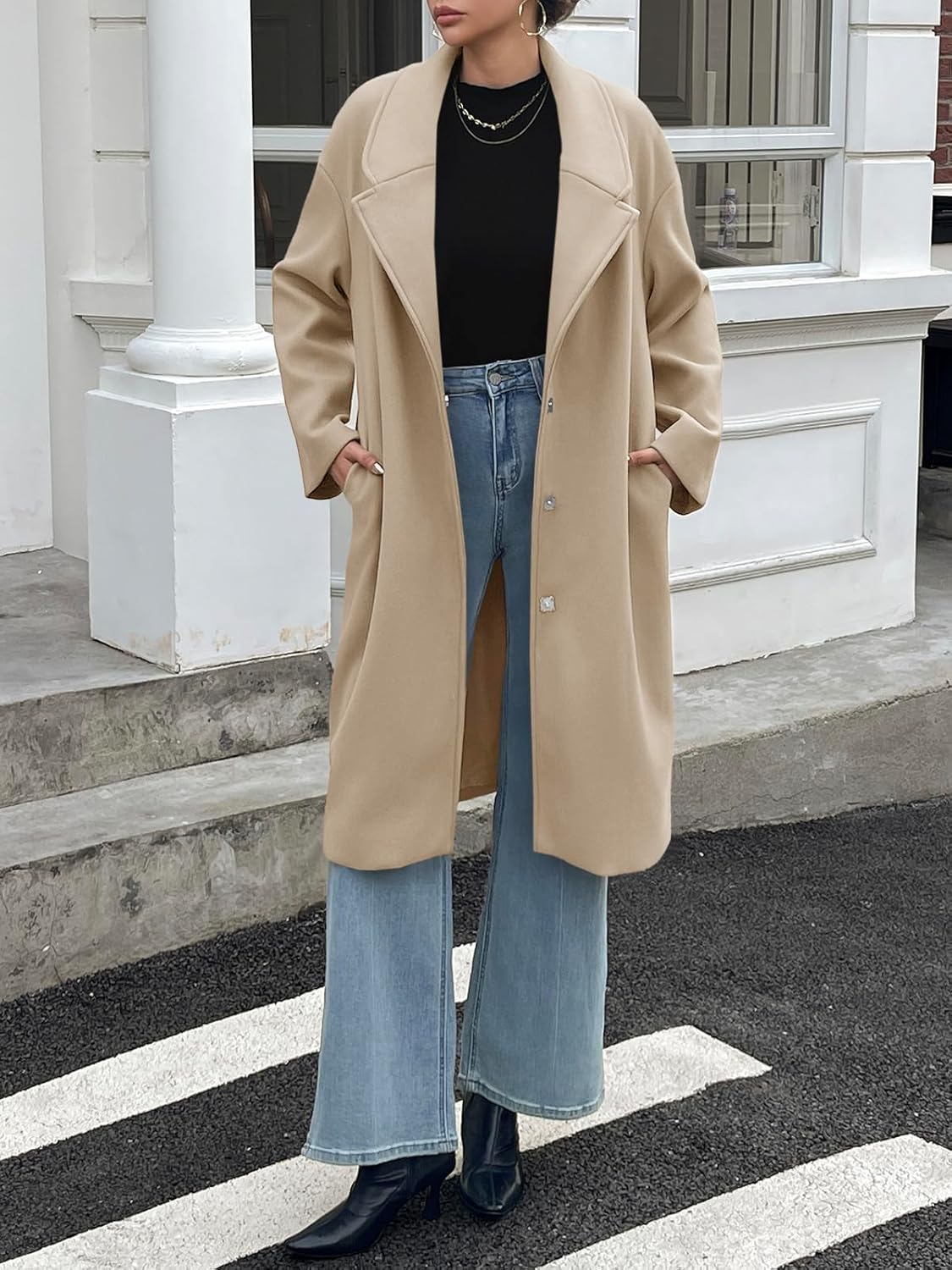 Cicy Bell Womens Long Fall Pea Coat Casual Slim Fit Notched Collar Trench Coats Single Breasted Jacket - Image 2