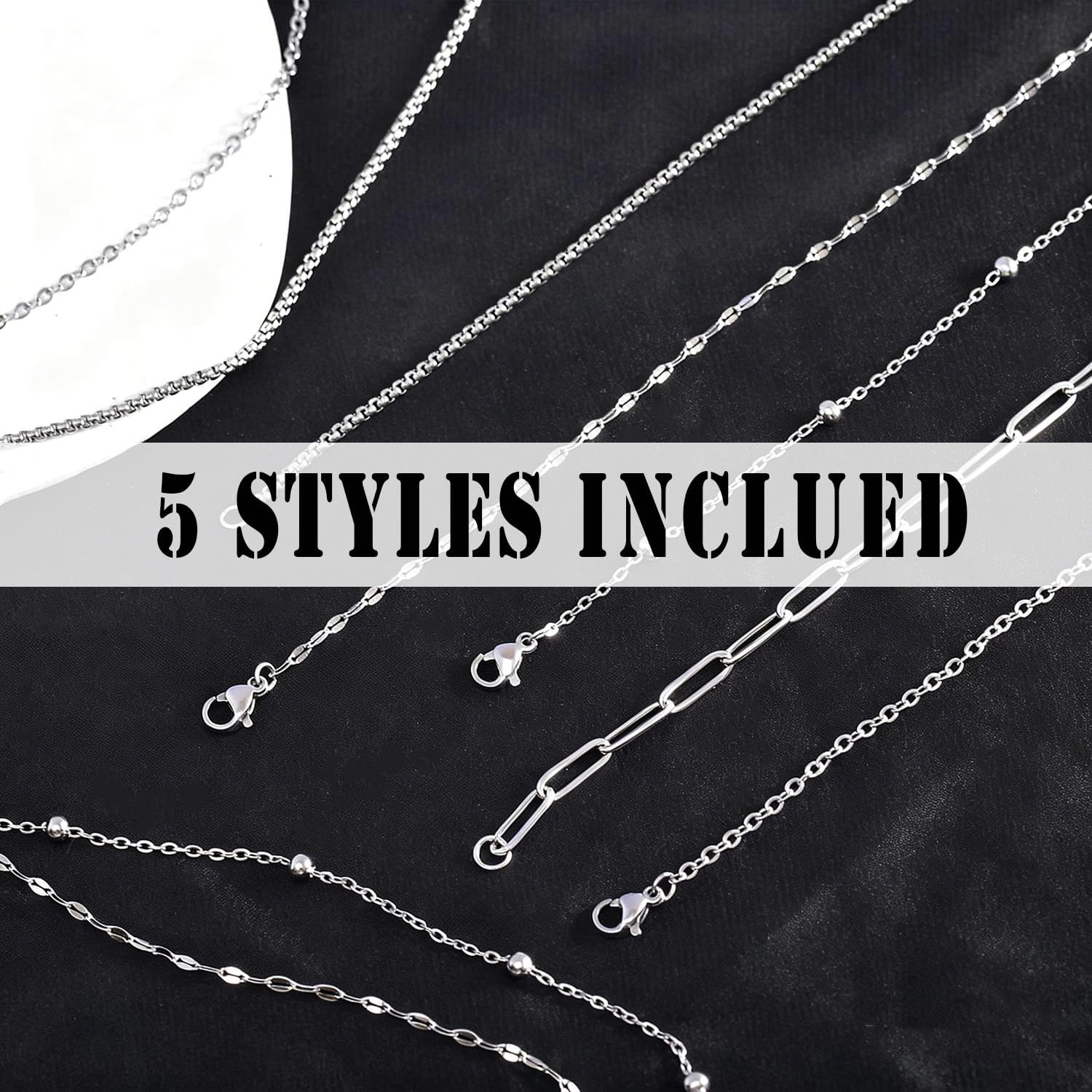 20Pcs (5 Styles) Stainless Steel Chains for Jewelry Making (Silver 19in) image 3
