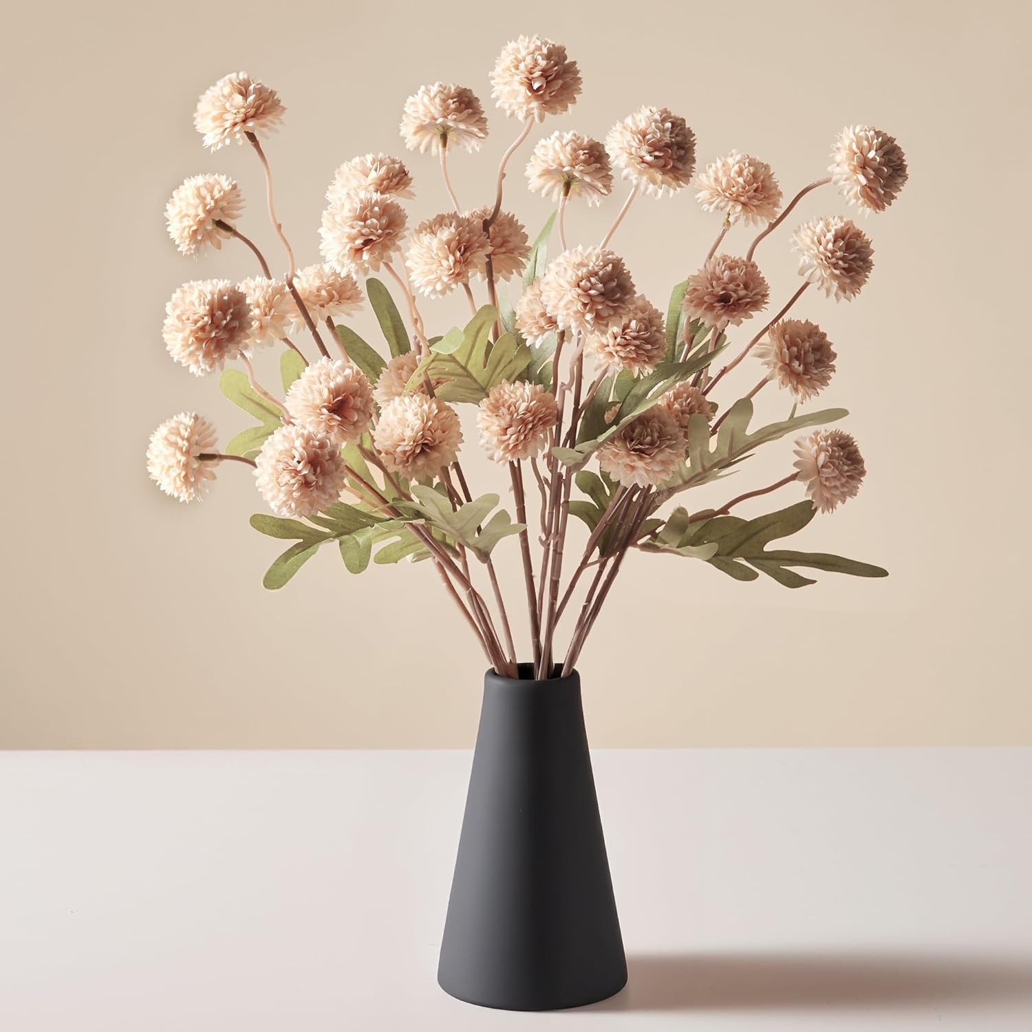 InnoGear Silk Flowers Pompon Mums Artificial Flowers, 5pcs 25 Heads Fake Mini Chrysanthemums with Long Stems Bulk Faux Kiku Flower for Decoration Memorial DIY Wedding Bouquets Centerpieces, Beige