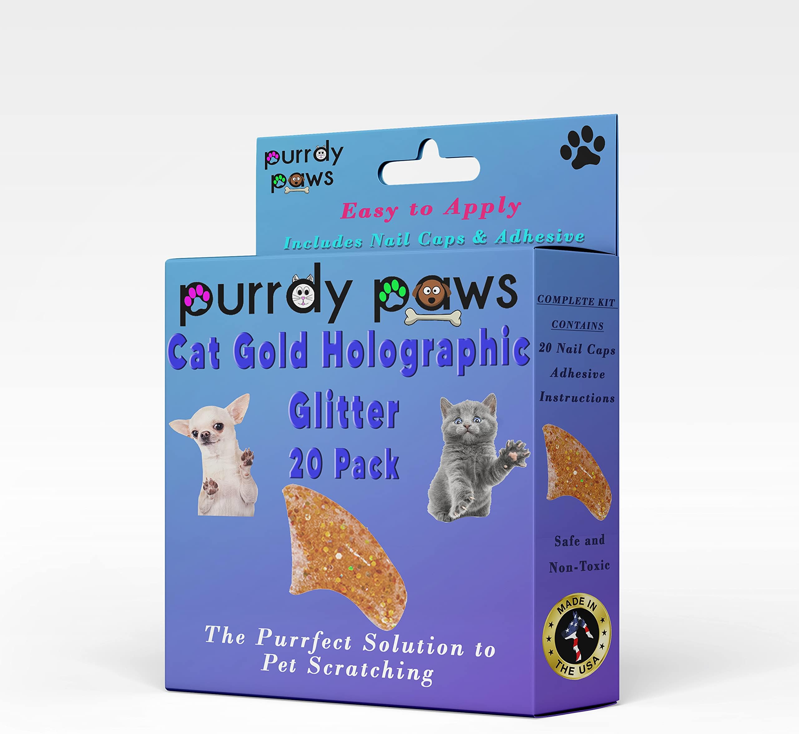 Purrdy Paws Soft Nail Caps for Cat Claws Gold Holographic Glitter Medium