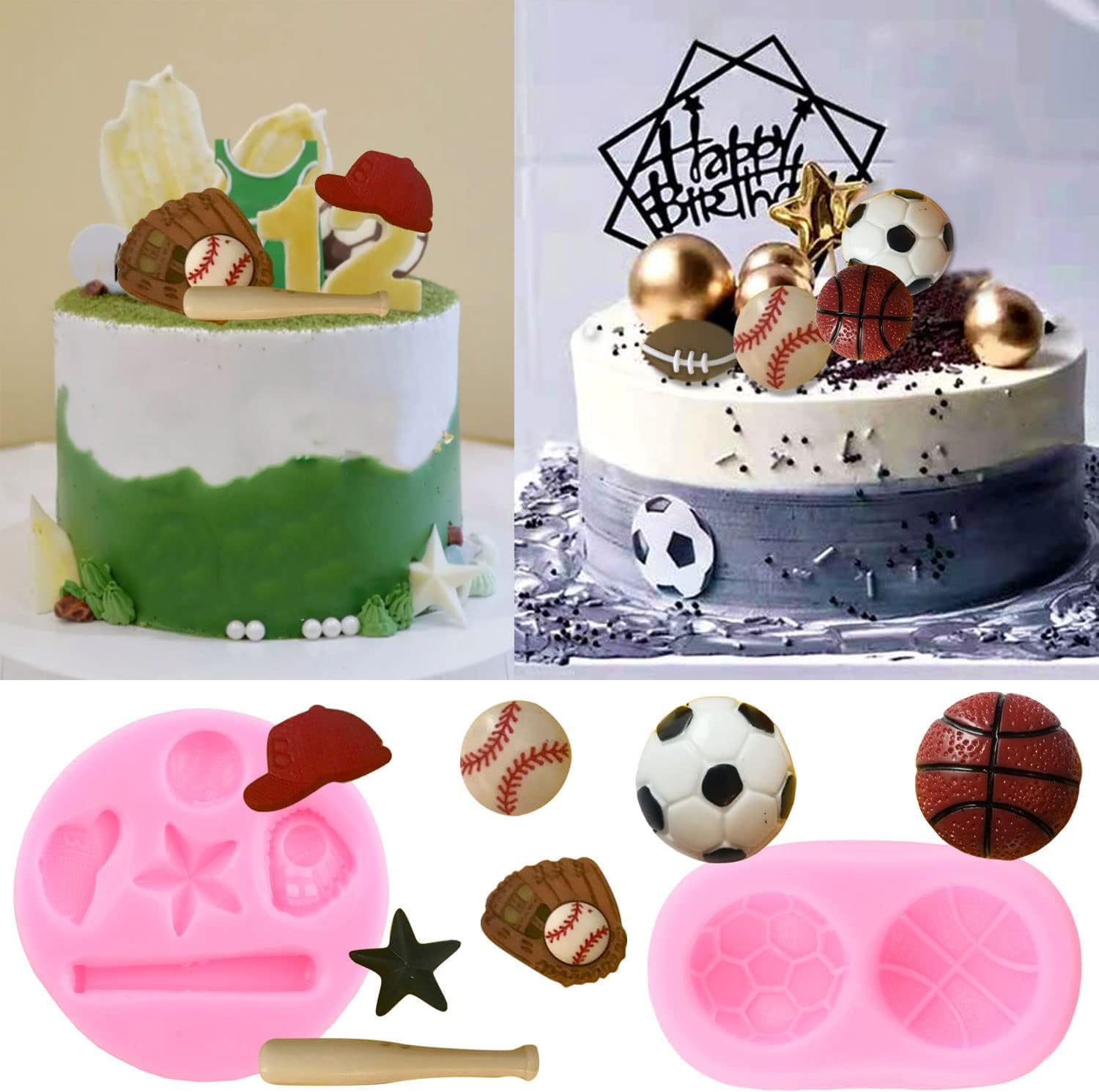 Mujiang Ball Silicone Molds Baseball Basketball Fondant Mold Set Of 4