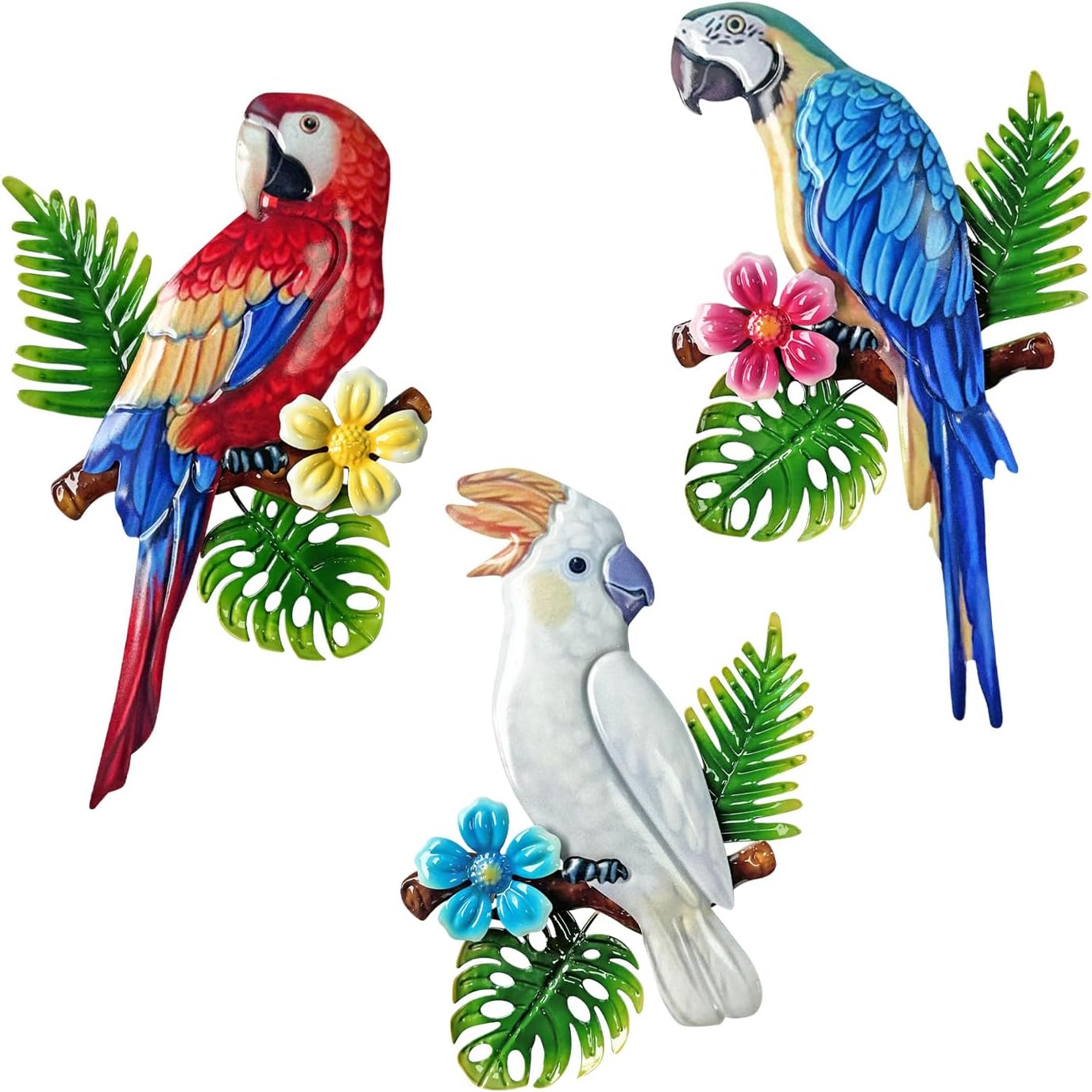 Limygus 3 Pcs Metal Parrot Wall Art Decor Set - Tropical Vivid Parrots on Branch, Outdoor Indoor Hanging Decor for Garden Fence Courtyard Patio