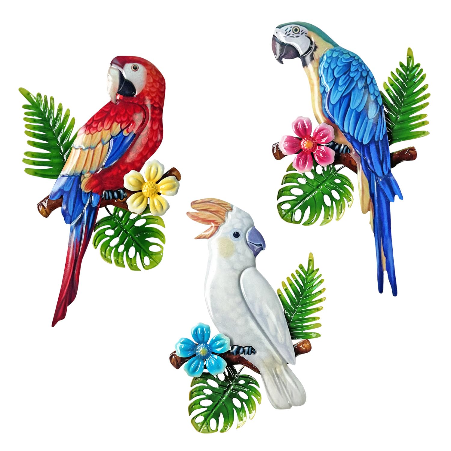 Limygus 3 Pcs Metal Parrot Wall Art Decor Set - Tropical Vivid Parrots on Branch, Outdoor Indoor Hanging Decor for Garden Fence Courtyard Patio