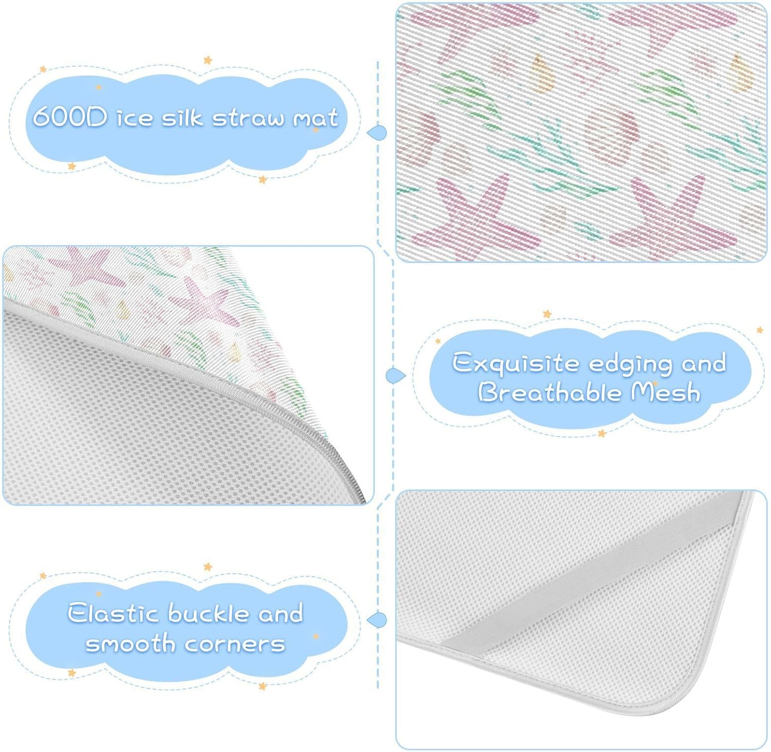 Baby Cooling Mat Starfish Pattern Ice Silk Breathable Mesh Summer Crib Mattress Pad with Pillowcase, Soft Cooling Sleeping Surface for Infant & Toddler, 52"x28"