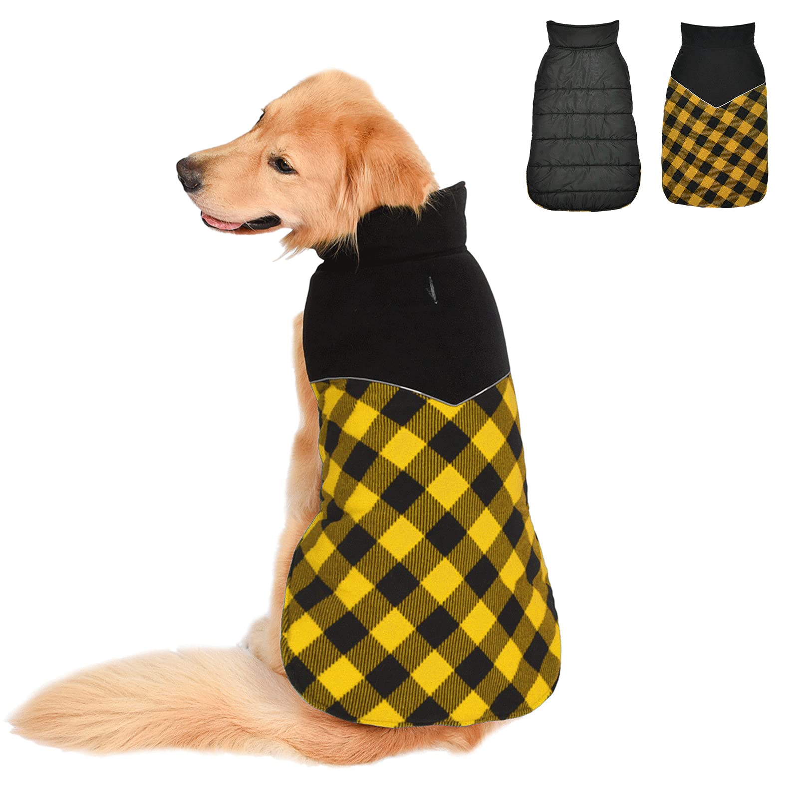 Fragralley Reversible Dog Winter Coat - Warm Dog Plaid Jacket for Cold Weather, Windproof Waterproof Reflective Puppy Vest Clothes for Small Medium Large Dogs