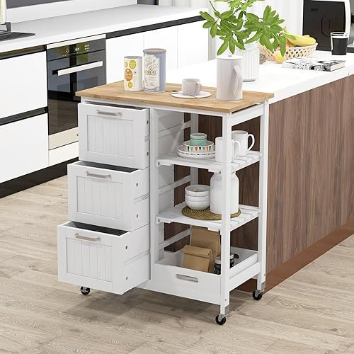 Miniatura 2 de GOFLAME Carrito de isla de cocina con ruedas, versátil carrito rodante con encimera de madera, 3 cajones, bandeja extraíble y ruedas con cerradura,
