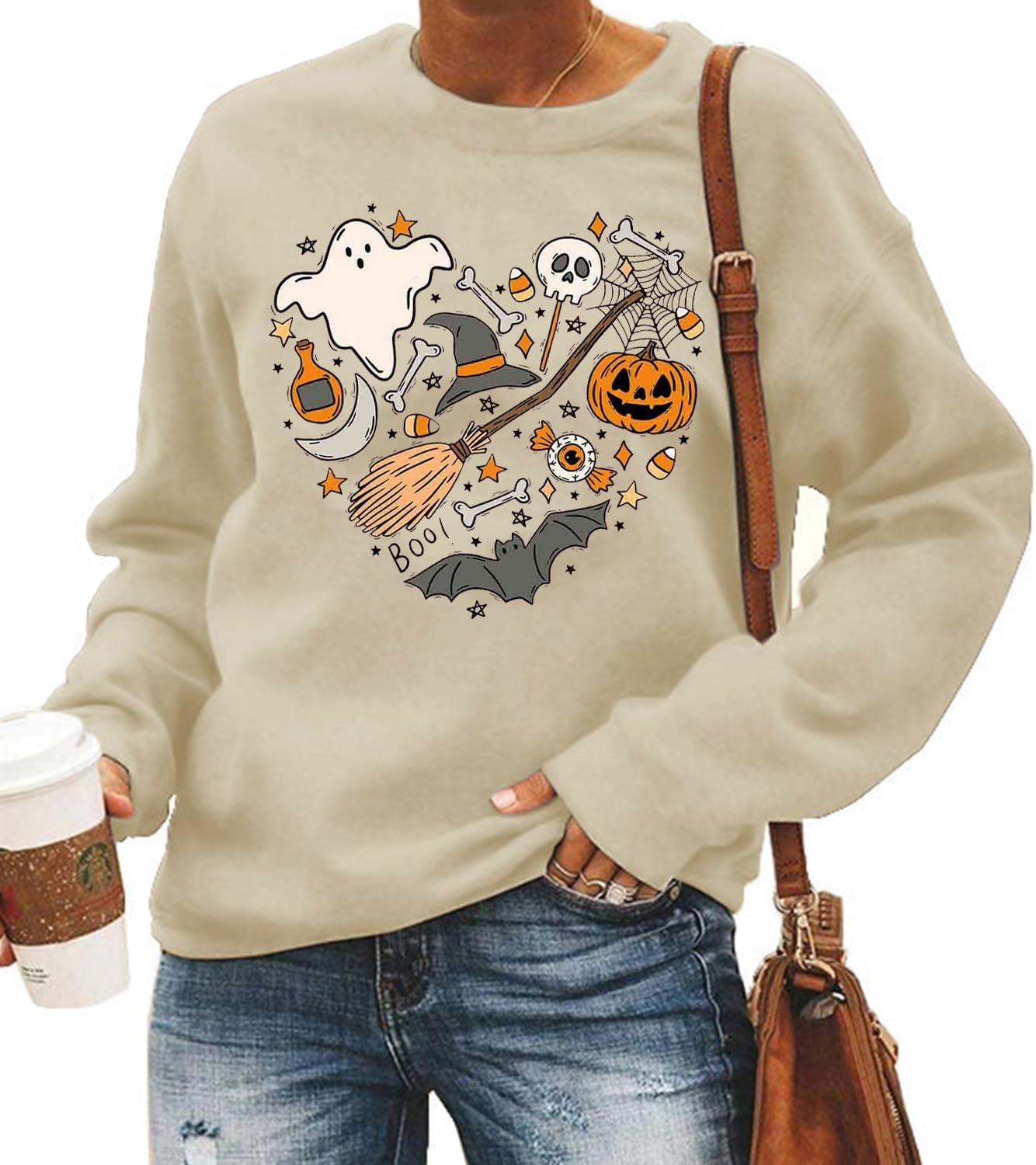 FCHICH Halloween Doodles Sweatshirt Women Cute Vintage Graphic Halloween Party Tshirt Casual Long Sleeve Pullover Tops