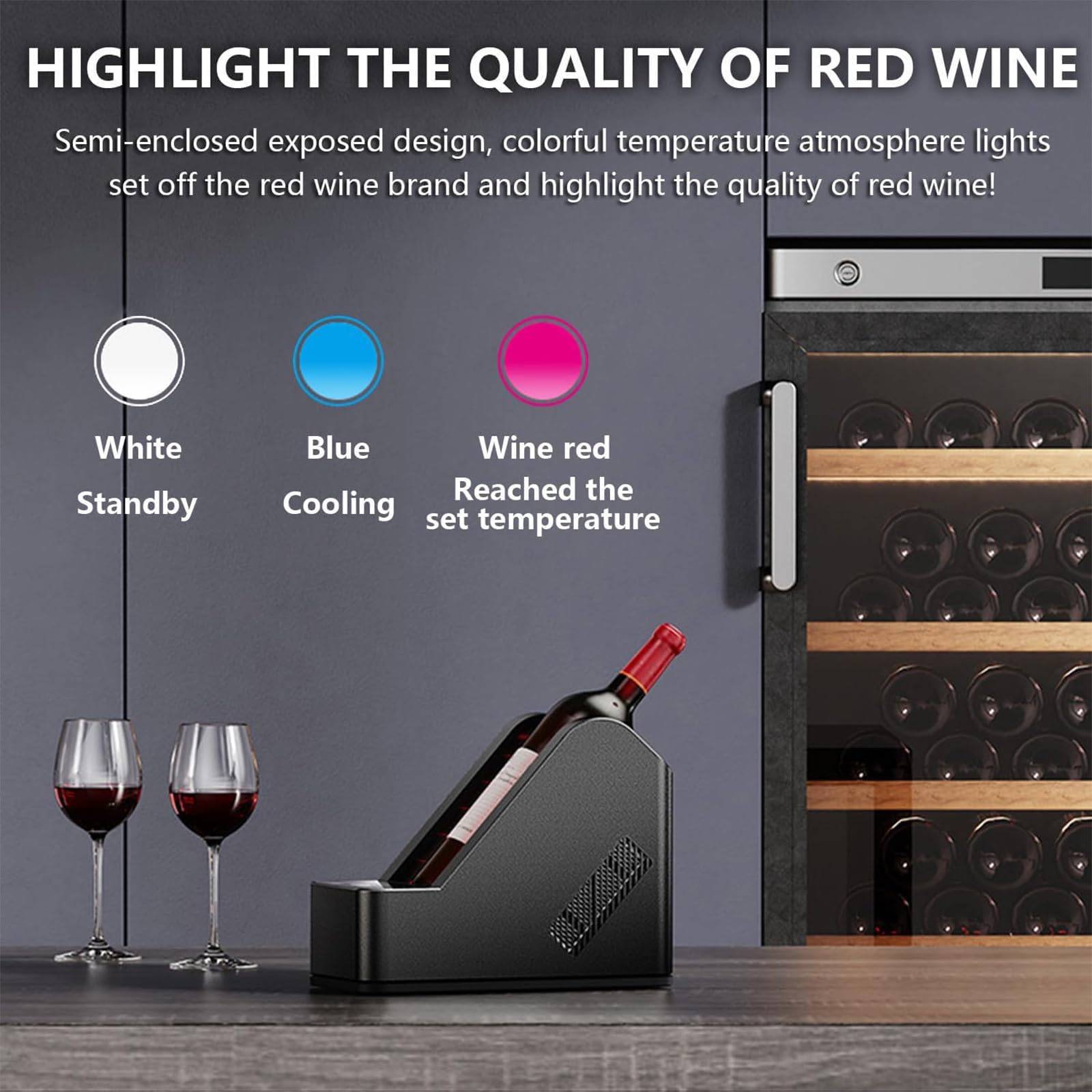 Enfriador de vino eléctrico portátil, control de temperatura de 5 a 20 °C, se adapta a botellas de 750 ml de hasta 96 mm, control táctil y pantalla LCD para el hogar, restaurante y hotel