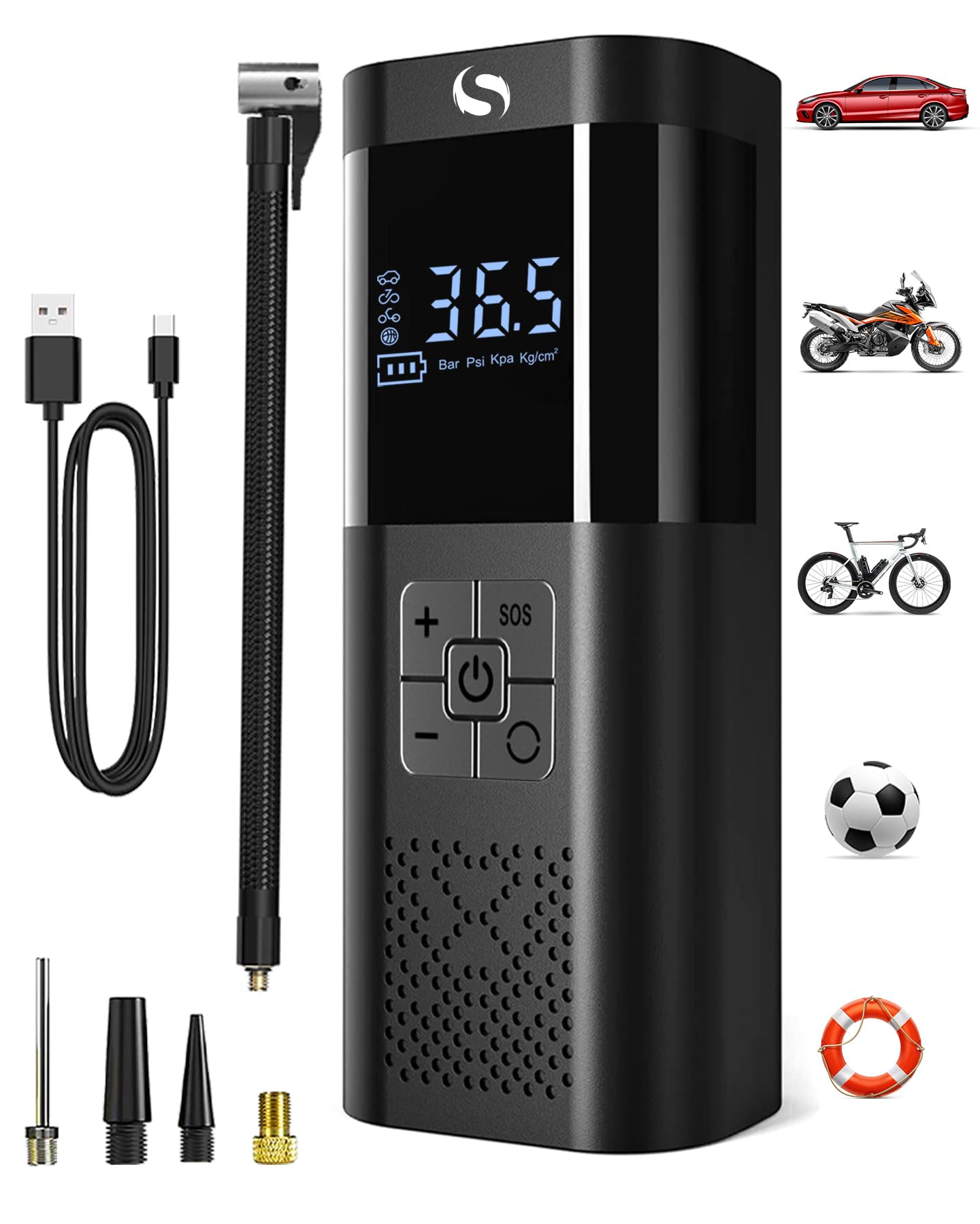 Compressore Aria Portatile, Gonfiatore Elettrico Portatile con Manometro, Pompa Elettrica è Adatto per Auto, Moto, Bicicletta, Palla