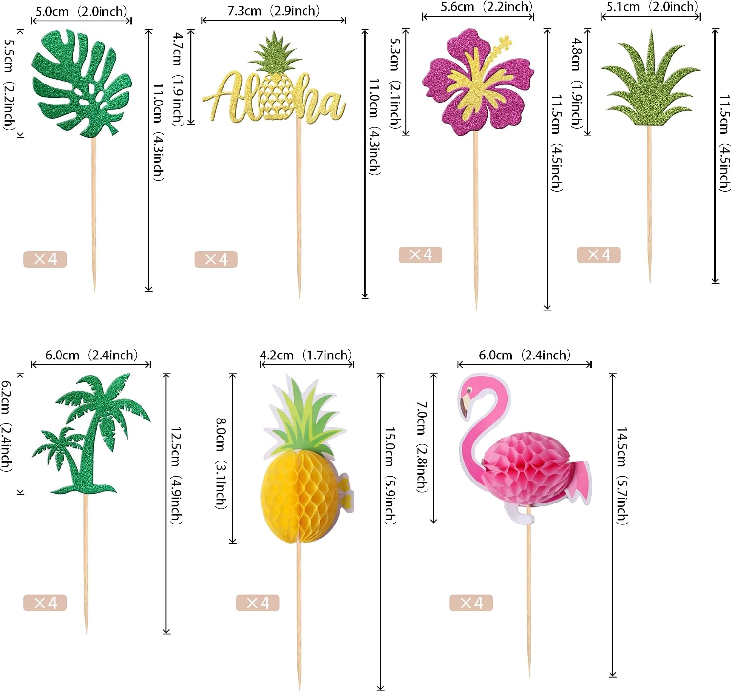 28 PCS Tropical Cupcake Toppers Glitter Leaf Pineapple Flower Palm Tree Flamingo Cupcake Picks Aloha Cake Decorations for Summer Hawaiian Luau Theme Baby Shower Birthday Wedding Party Supplies