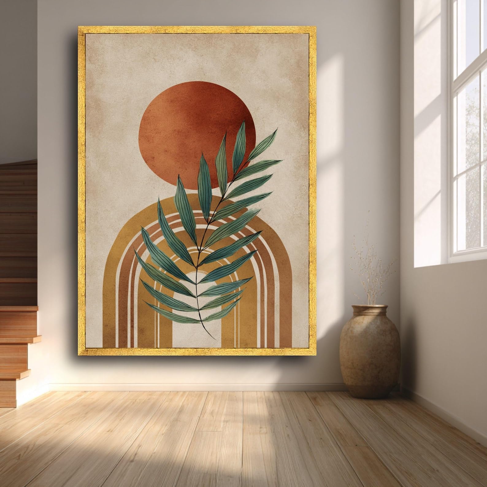 Abstrakcyjne liście plakat na płótnie w stylu boho, połowy wieku botaniczny łuk słoneczny łuk ścienny natura dekoracyjne dzieła sztuki (70 x 100 cm / wewnętrzna rama)