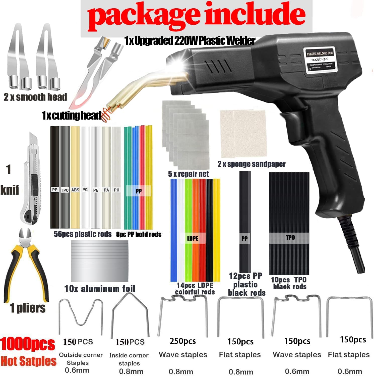 Upgraded 220W Plastic Welder, 2 in 1 Plastic Welding Repair Welder Kit 1000PCS Hot Stapler Soldering Gun with 100PCS Plastics Welding Rods Car Bumper Repair Kit for Most Plastics(Black)